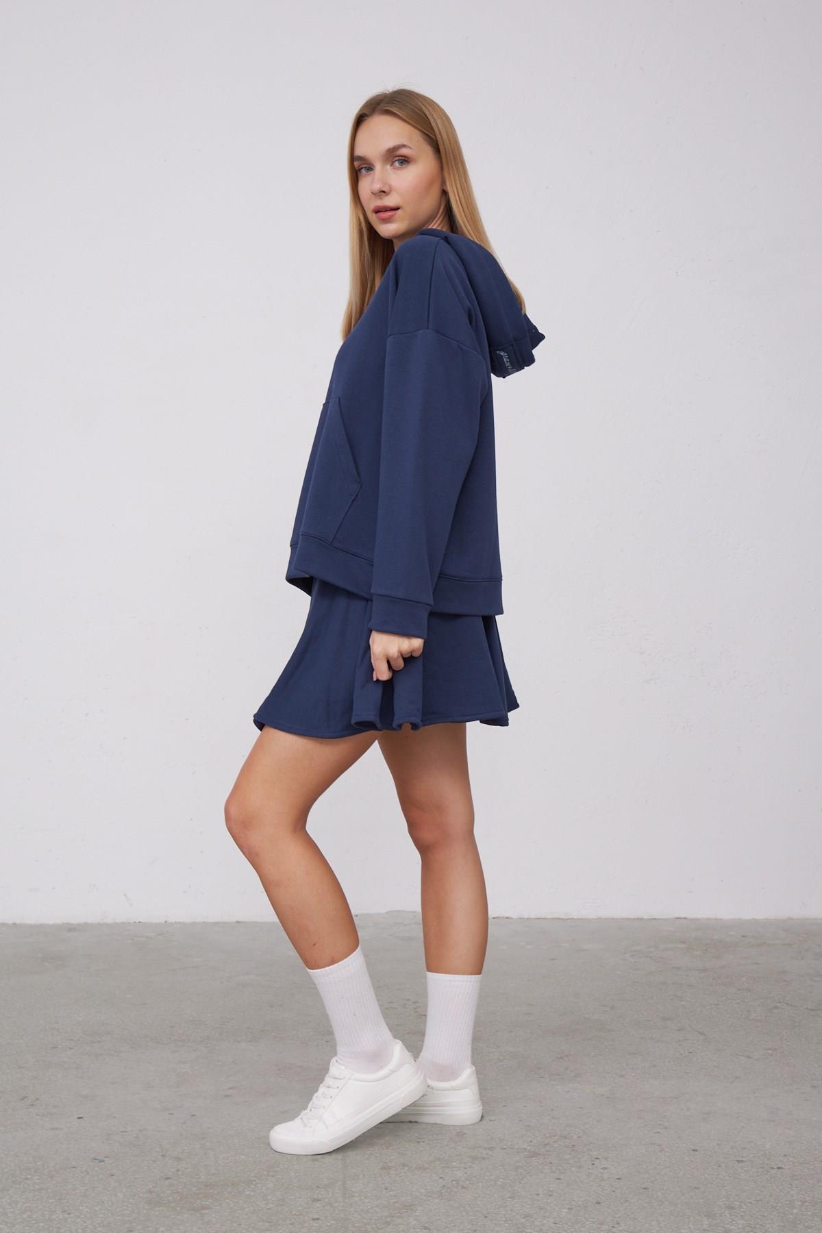 Saage Oversize Pamuklu Kapşonlu Fermuar Tasarım Sweatshirt ve Şort Etek Takım