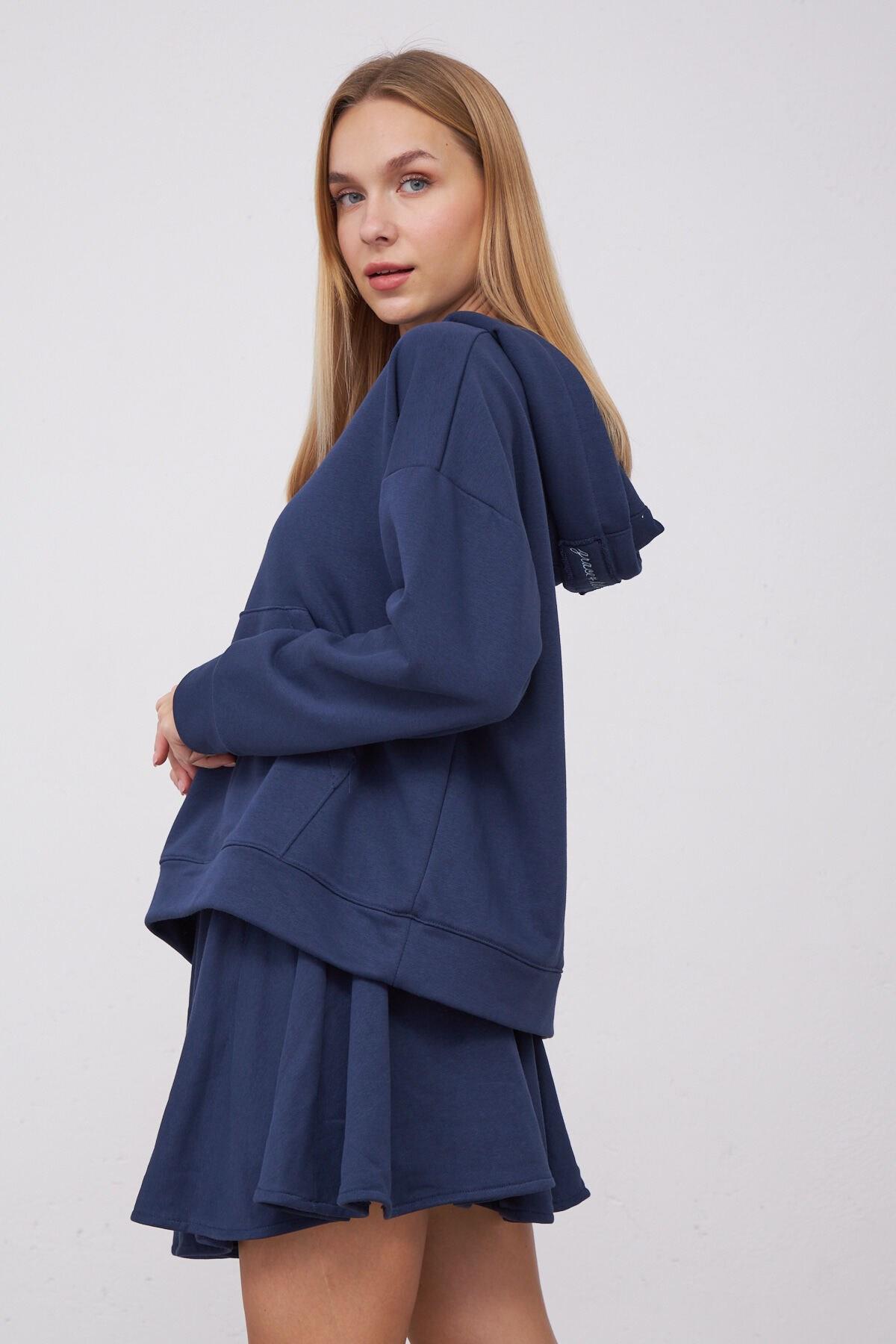 Saage Oversize Pamuklu Kapşonlu Fermuar Tasarım Sweatshirt ve Şort Etek Takım