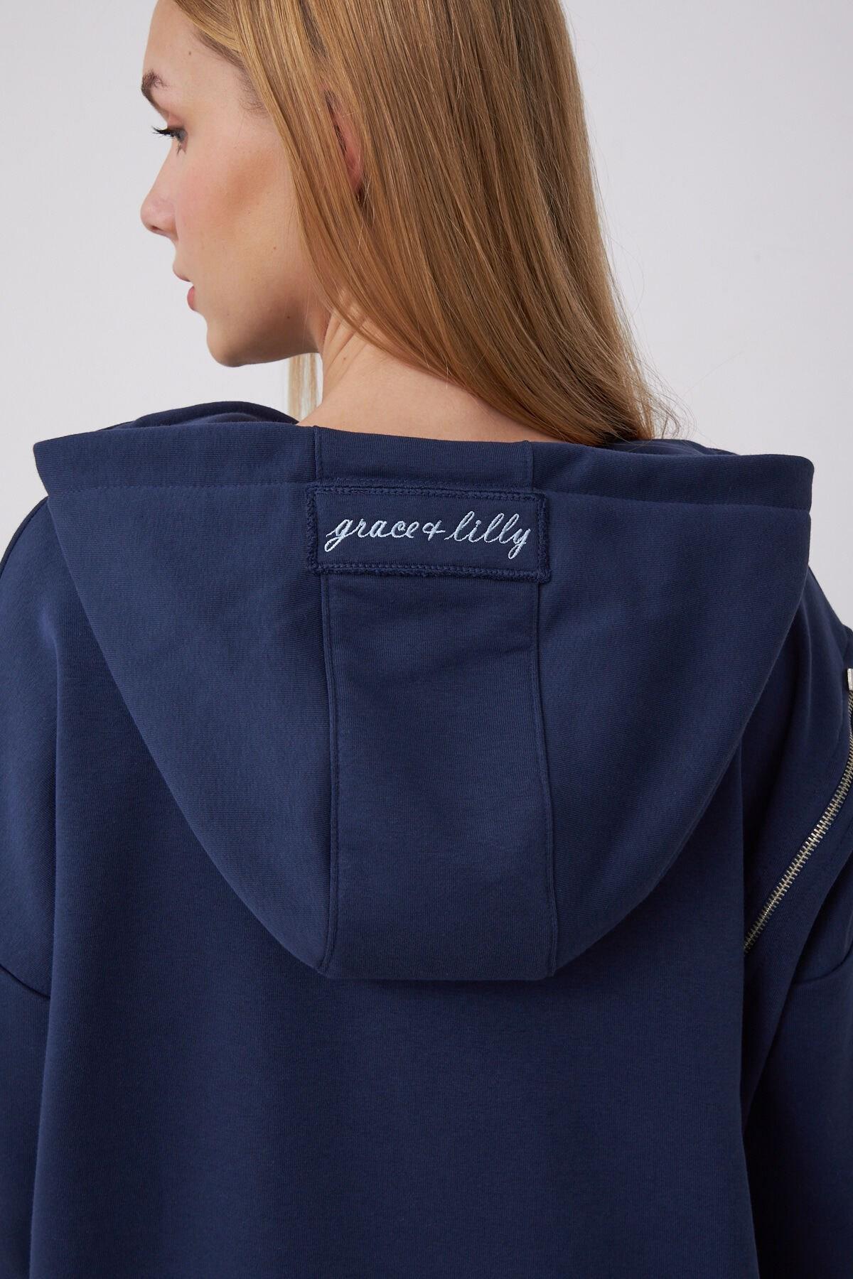 Saage Oversize Pamuklu Kapşonlu Fermuar Tasarım Sweatshirt ve Şort Etek Takım