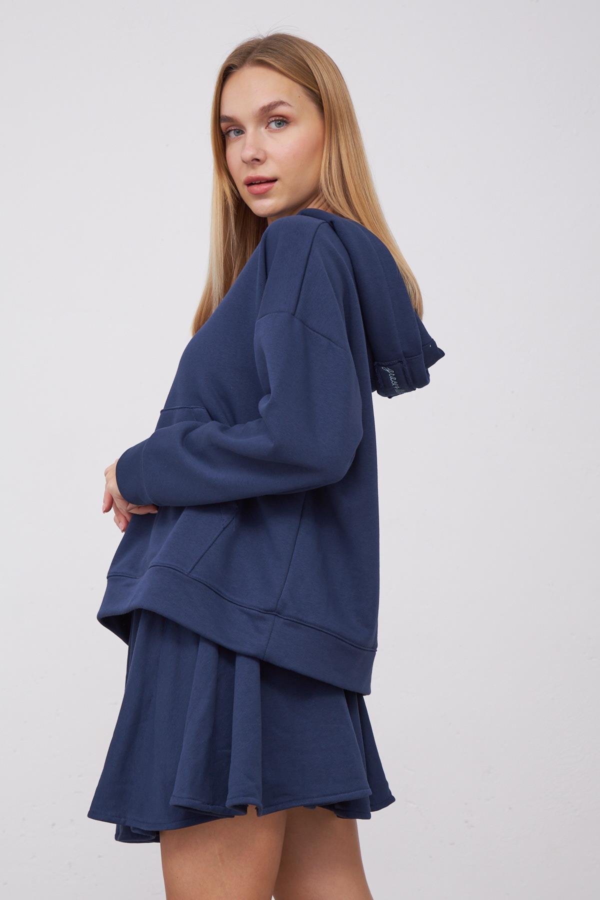Saage Oversize Pamuklu Kapşonlu Fermuar Tasarım Sweatshirt ve Şort Etek Takım