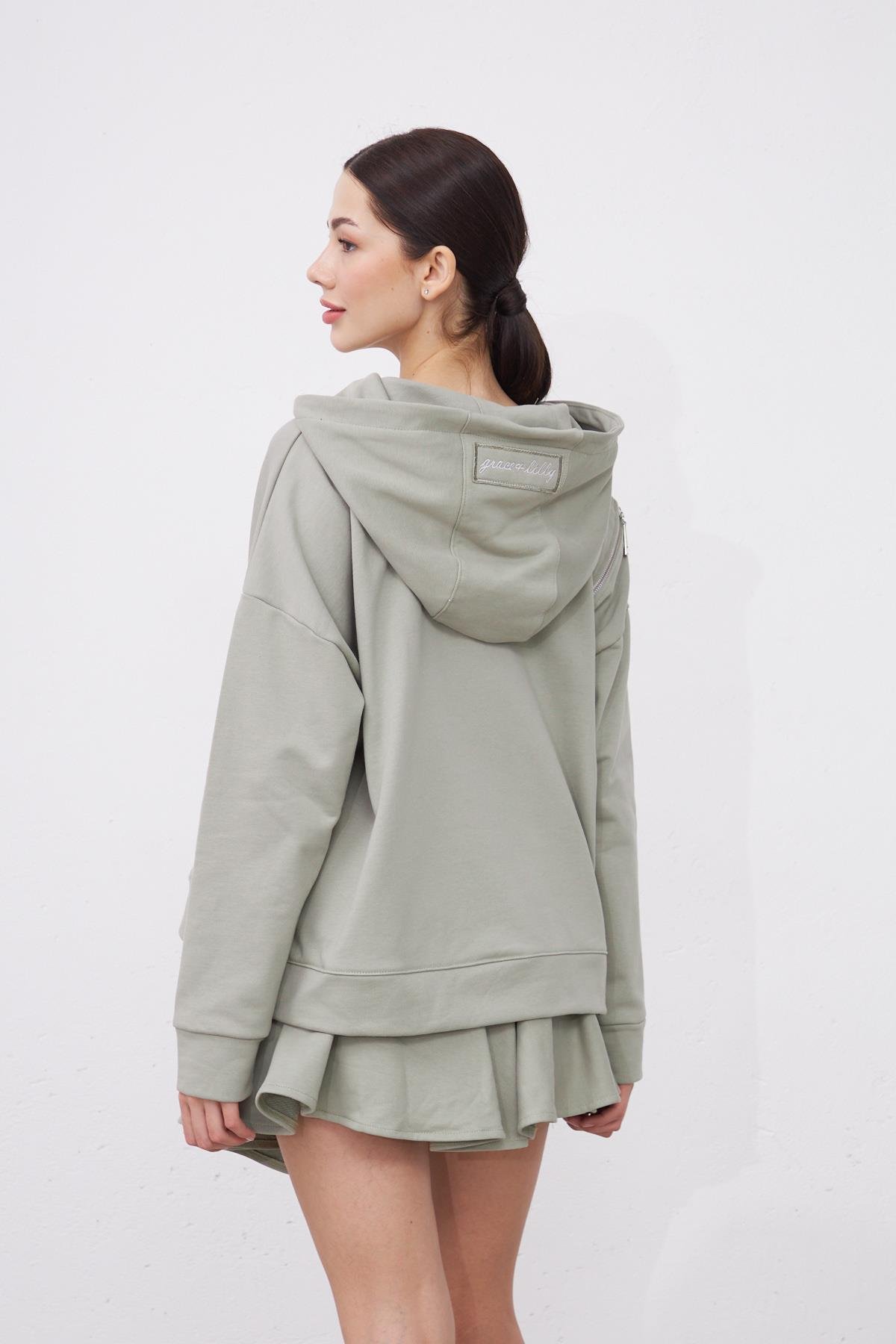 Saage Taş Rengi Oversize Pamuklu Kapşonlu Fermuar Tasarım Sweatshirt ve Şort Etek Takım