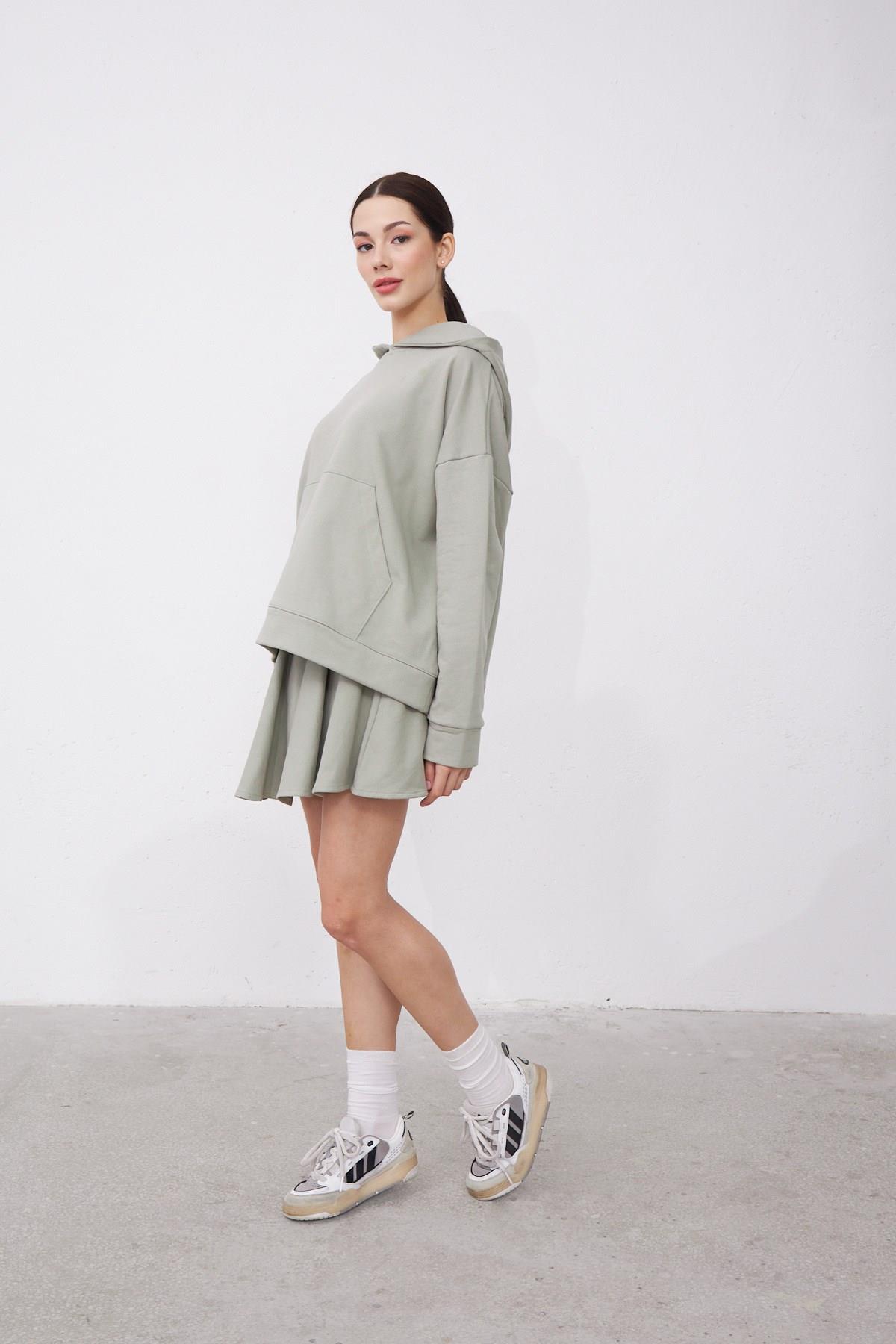 Saage Taş Rengi Oversize Pamuklu Kapşonlu Fermuar Tasarım Sweatshirt ve Şort Etek Takım
