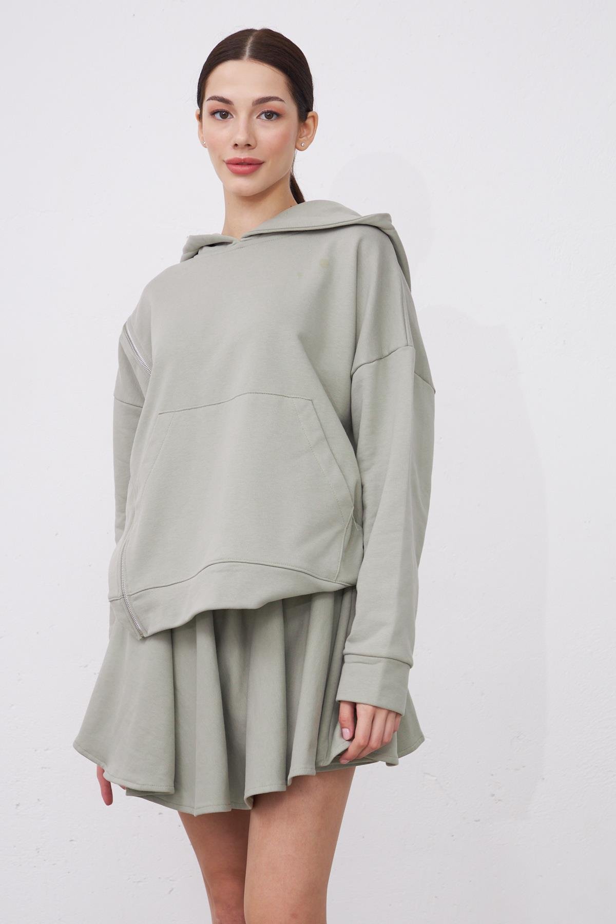 Saage Taş Rengi Oversize Pamuklu Kapşonlu Fermuar Tasarım Sweatshirt ve Şort Etek Takım