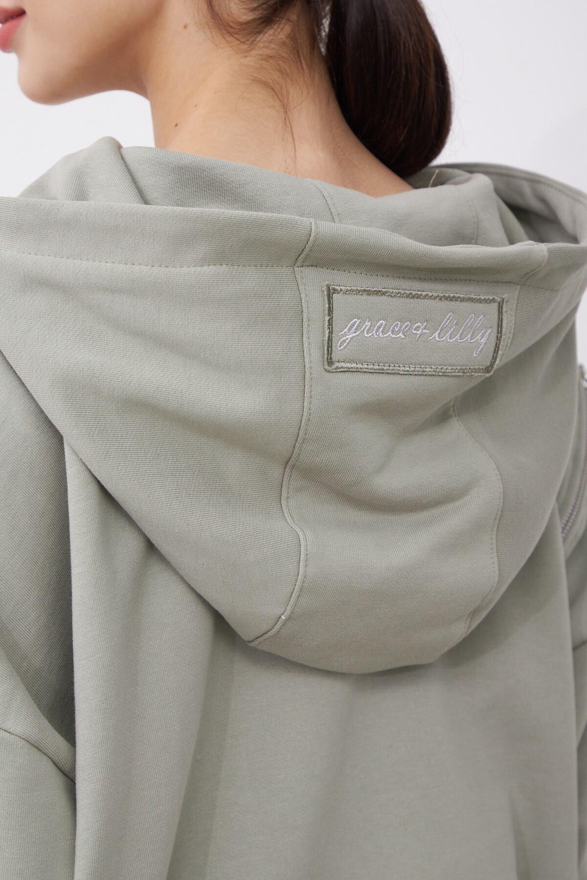 Saage Taş Rengi Oversize Pamuklu Kapşonlu Fermuar Tasarım Sweatshirt ve Şort Etek Takım