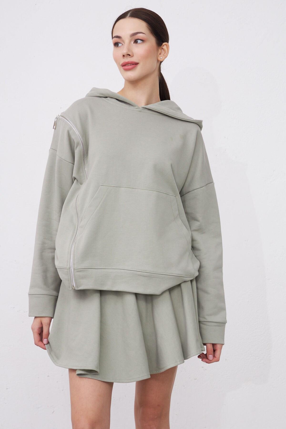Saage Taş Rengi Oversize Pamuklu Kapşonlu Fermuar Tasarım Sweatshirt ve Şort Etek Takım