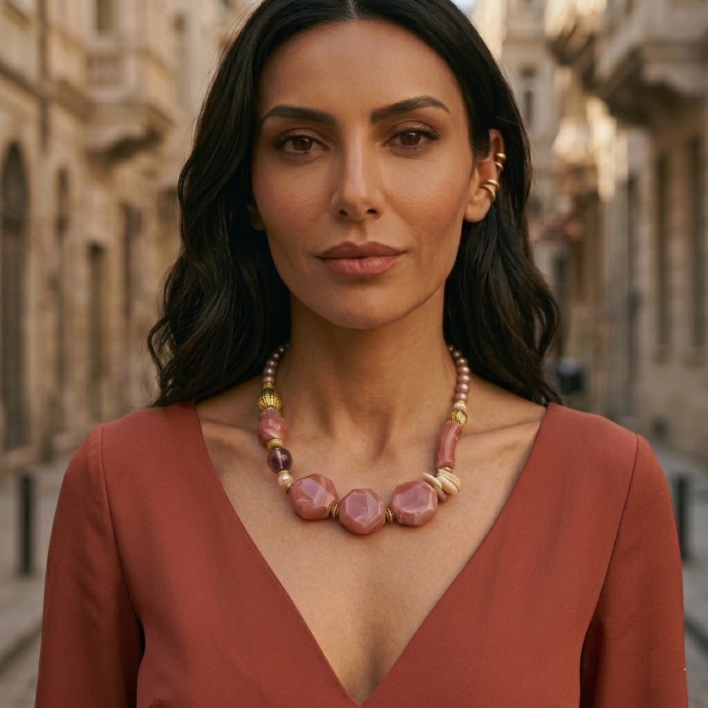 Pembe Kuvars Taşı Altın Kaplama Çerçeveli Özel Tasarım Kadın Kolye