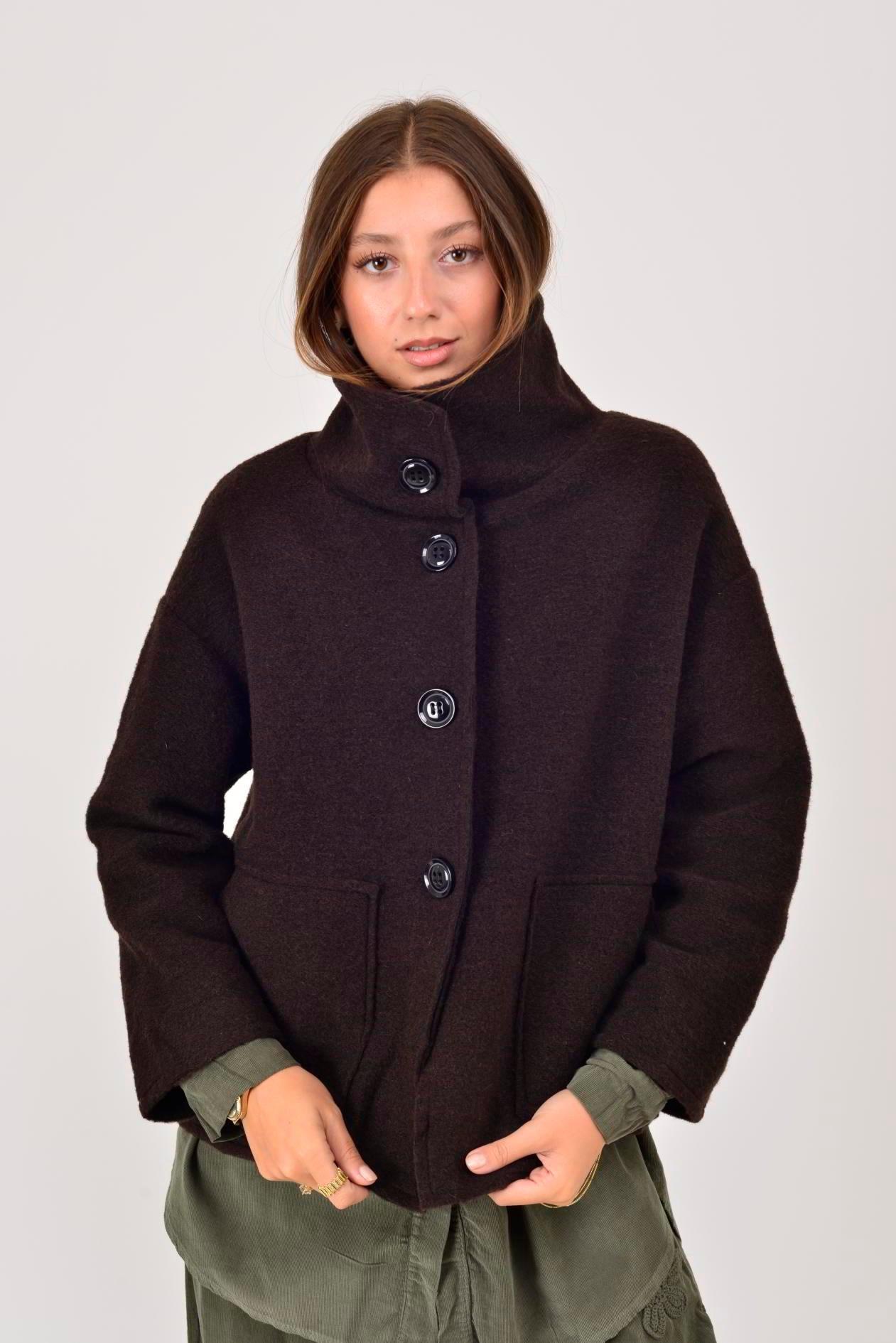 08023 Düz Desen Düğmeli Keçe Kaban