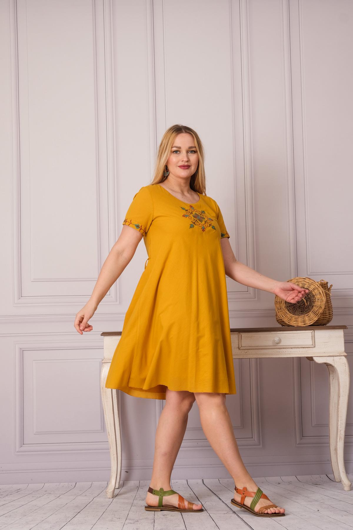 1003 Kanaviçe İşleme Kısa Kol Pamuk Otantik Elbise