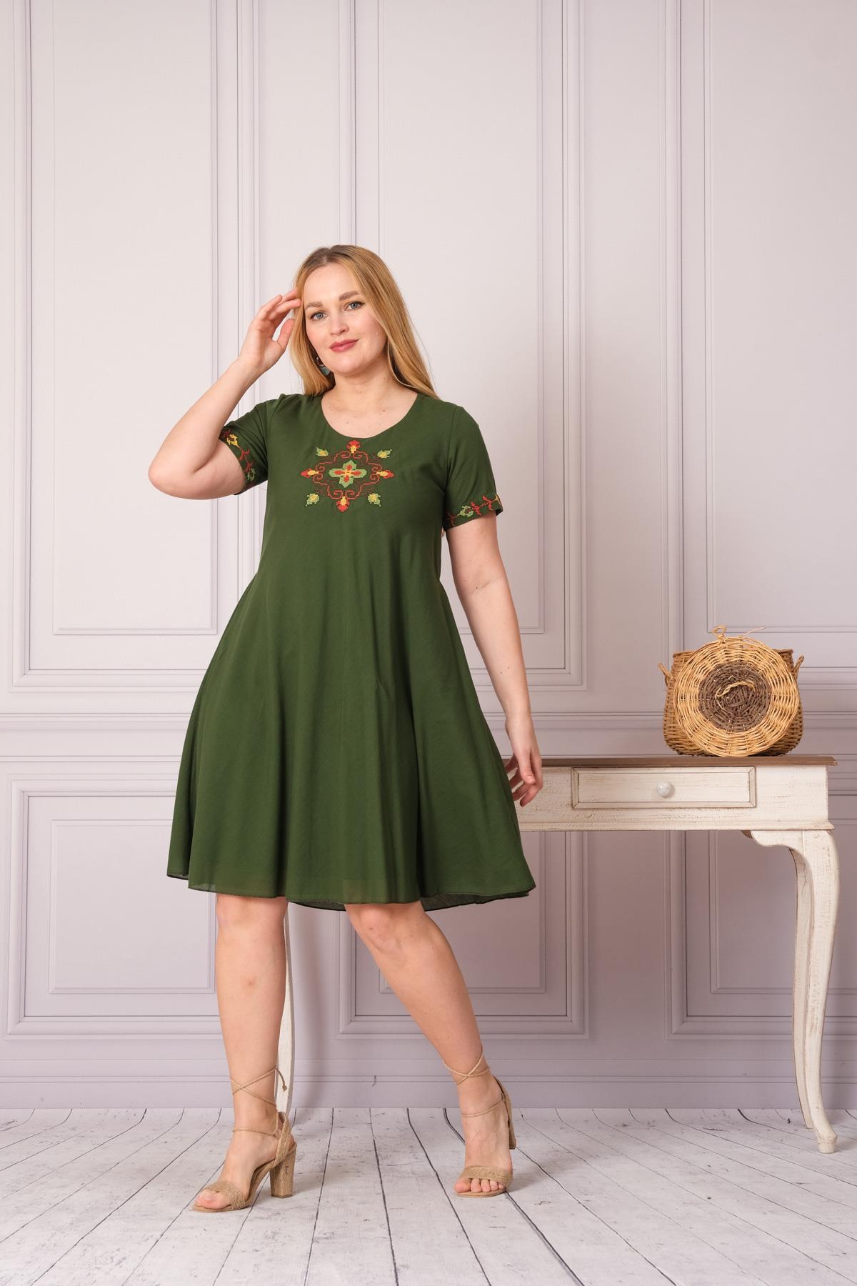 1003 Kanaviçe İşleme Kısa Kol Pamuk Otantik Elbise