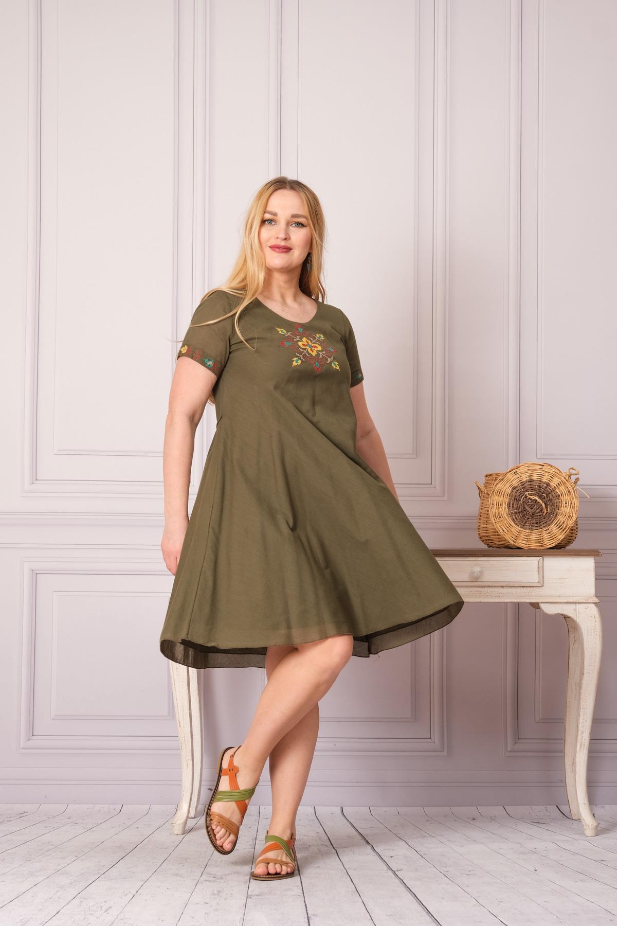 1003 Kanaviçe İşleme Kısa Kol Pamuk Otantik Elbise