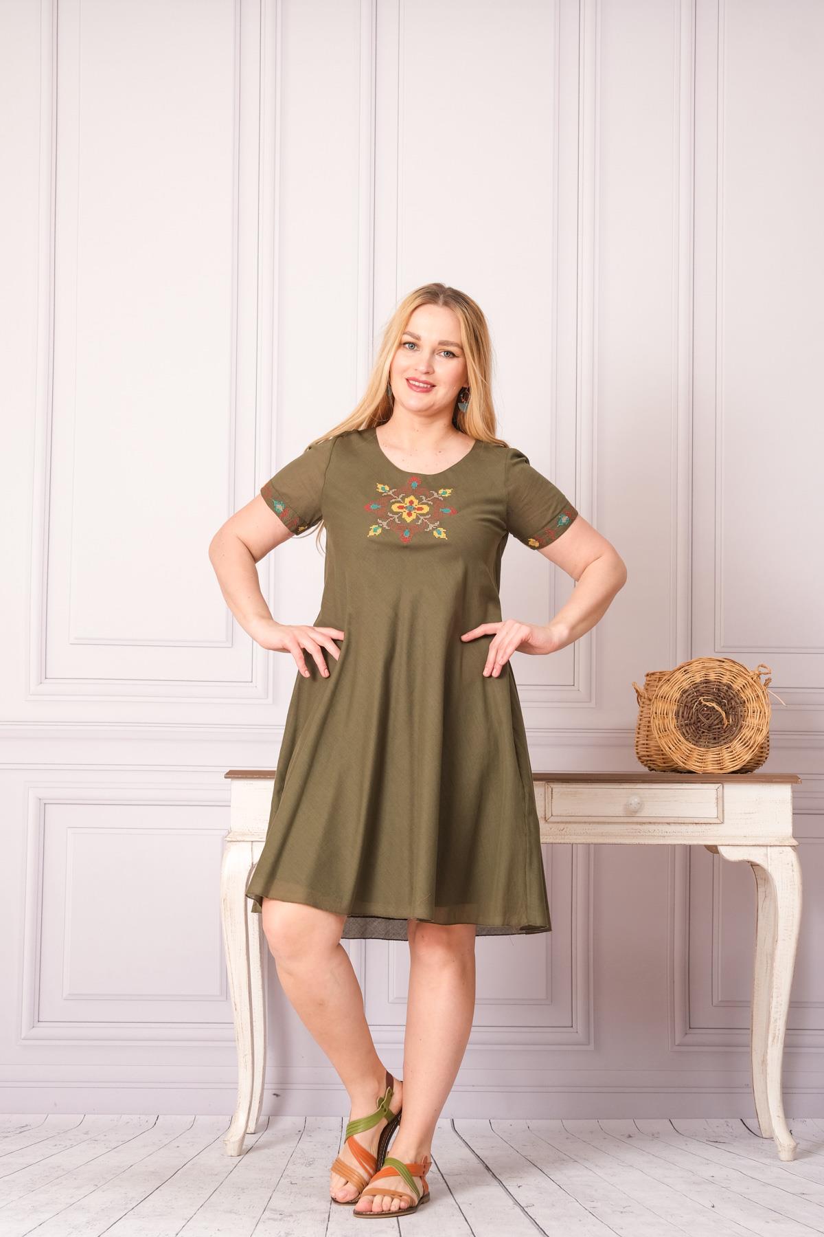 1003 Kanaviçe İşleme Kısa Kol Pamuk Otantik Elbise