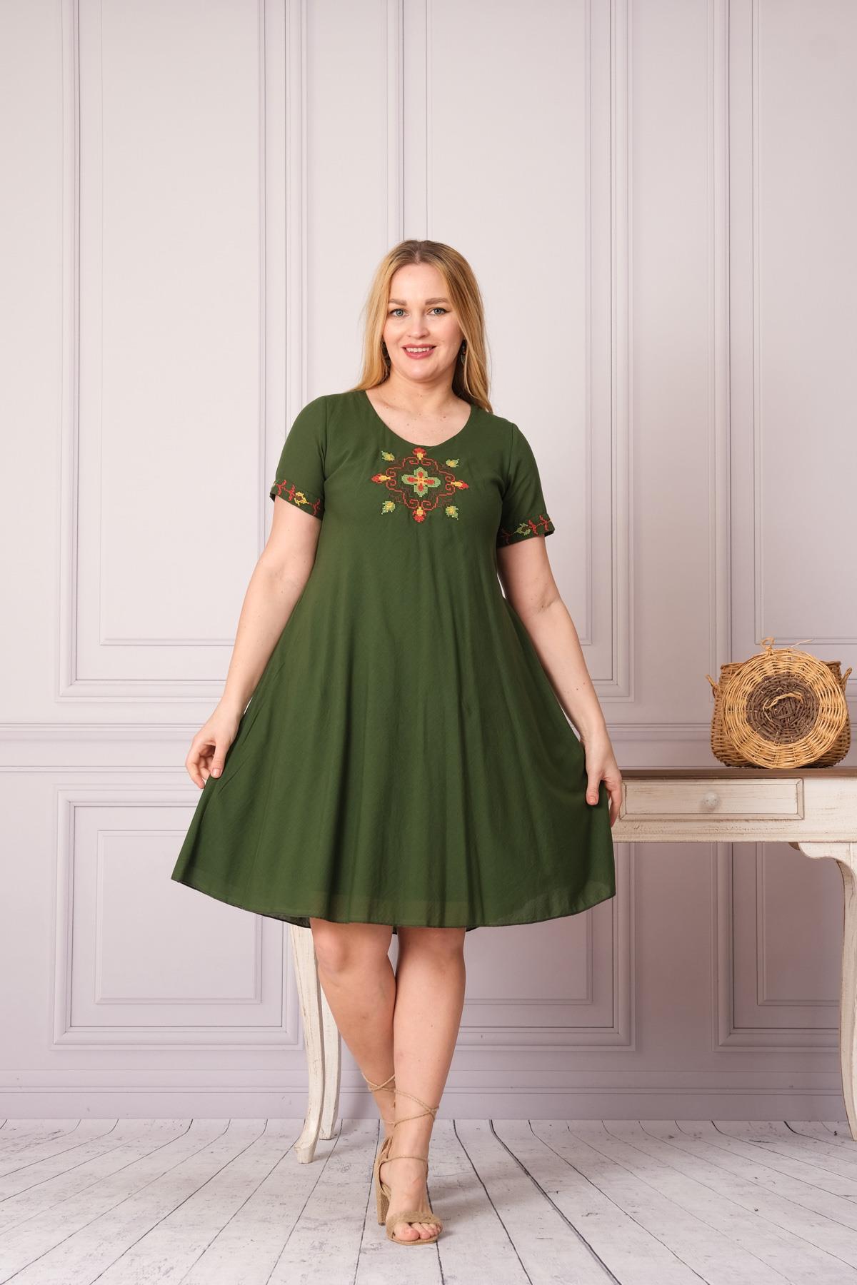 1003 Kanaviçe İşleme Kısa Kol Pamuk Otantik Elbise