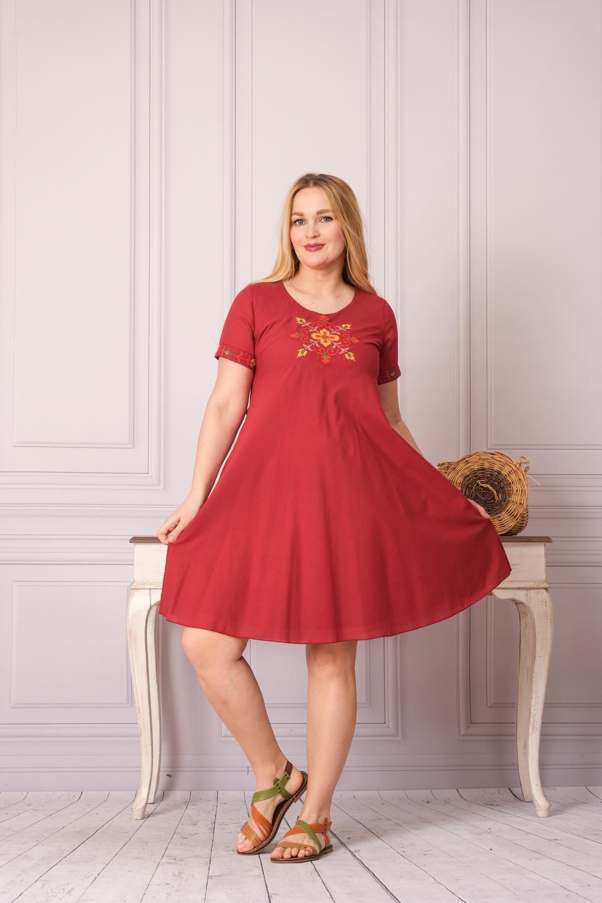 1003 Kanaviçe İşleme Kısa Kol Pamuk Otantik Elbise