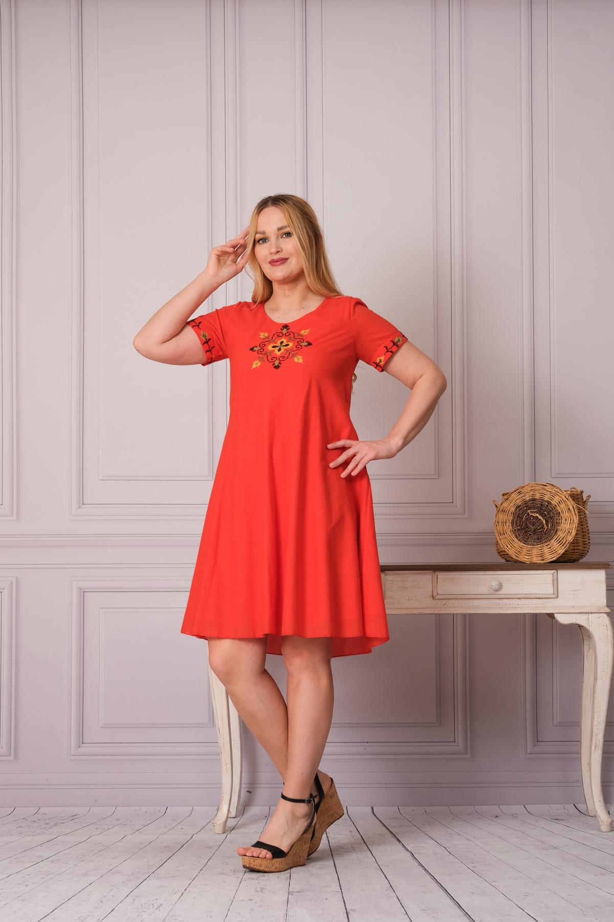 1003 Kanaviçe İşleme Kısa Kol Pamuk Otantik Elbise