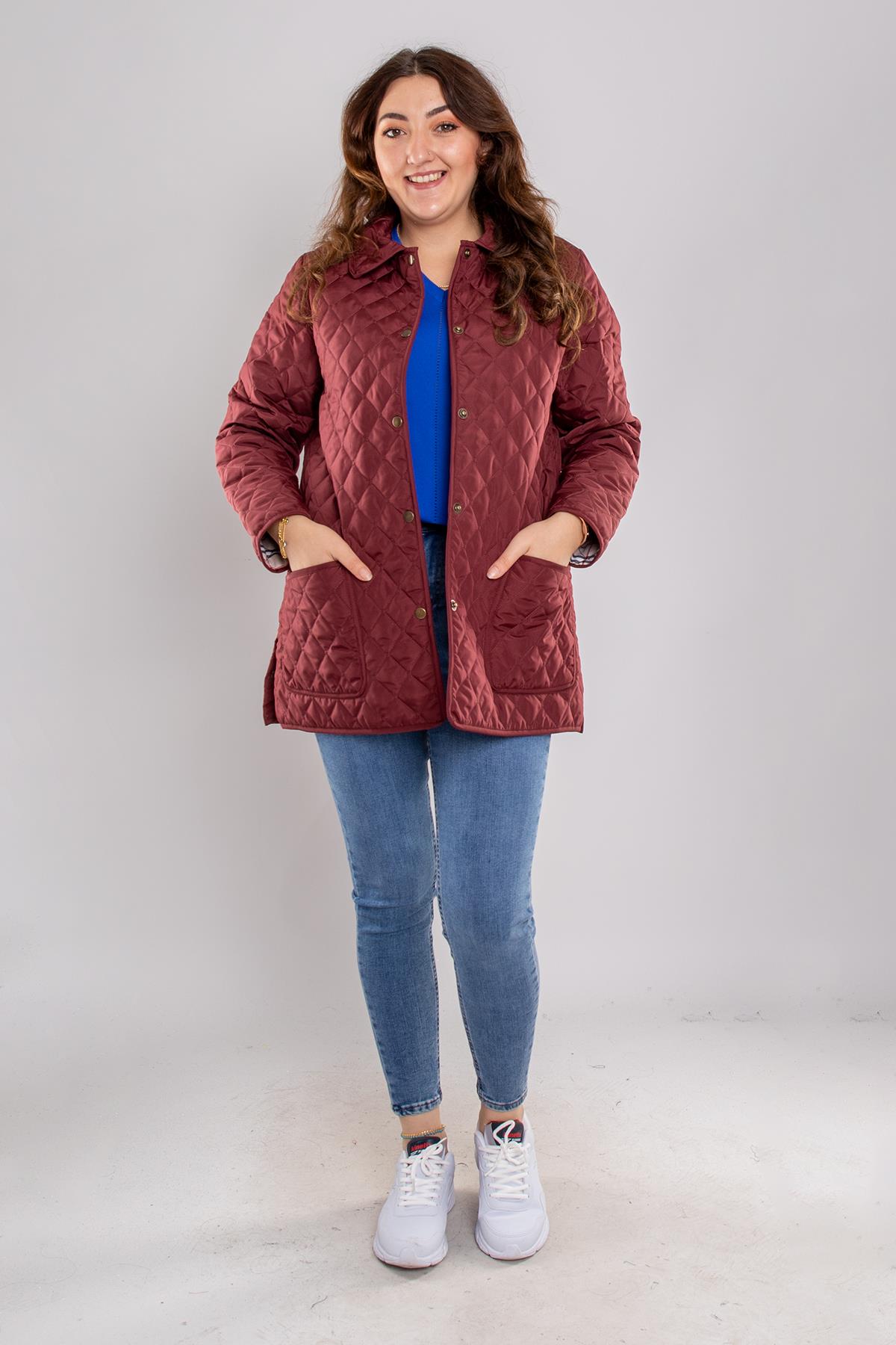 1007 Büyük Beden Baklava Desen Önden Cepli Çıtçıtlı Kadın Mont