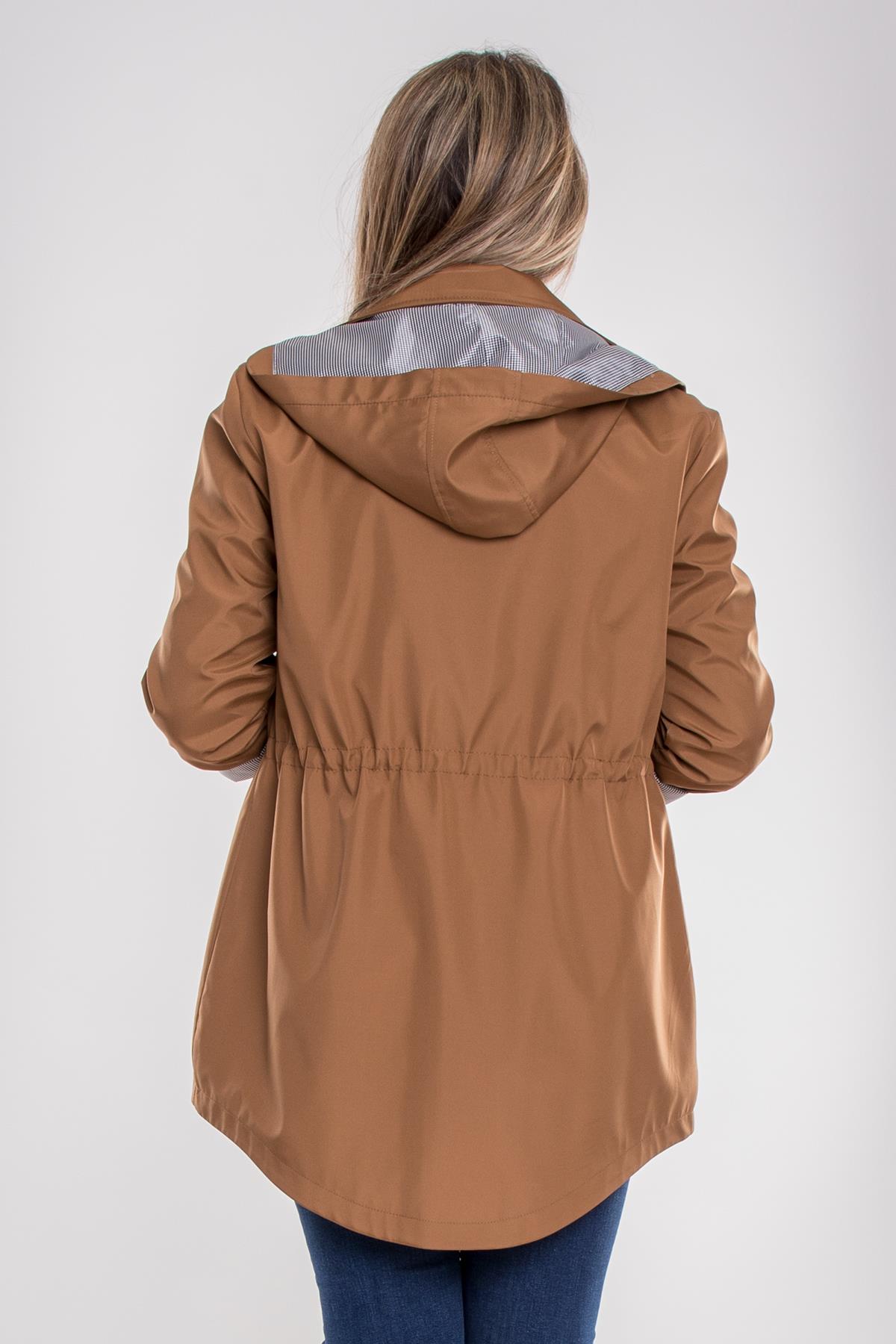 1009 Büyük Beden Kol Katlama Kapüşonlu Beli Bağcıklı Kadın Trençkot