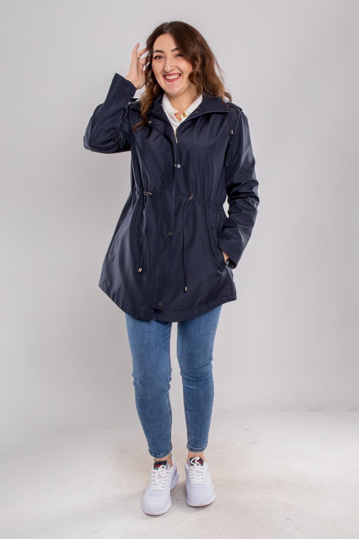 1009 Büyük Beden Kol Katlama Kapüşonlu Beli Bağcıklı Kadın Trençkot