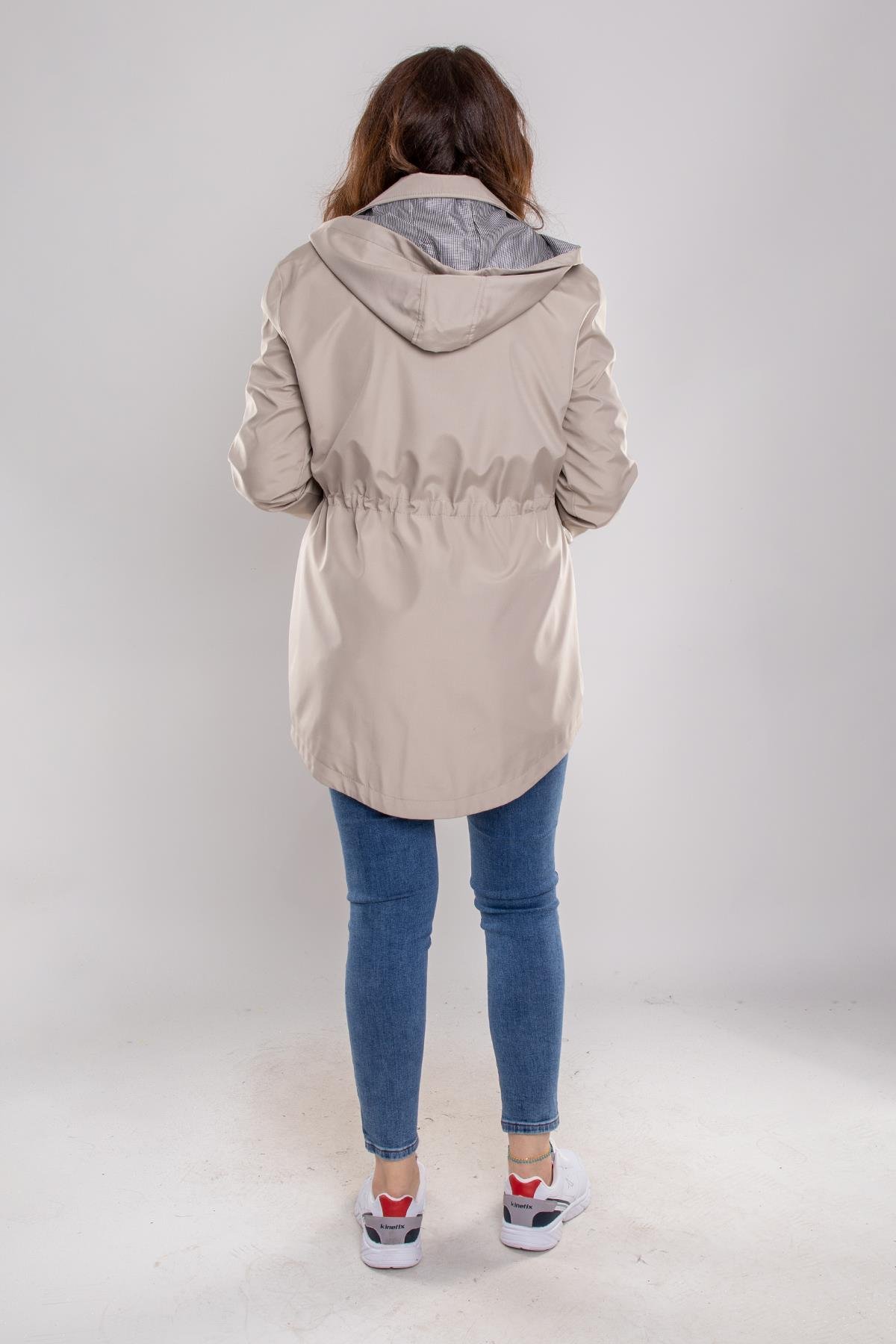 1009 Büyük Beden Kol Katlama Kapüşonlu Beli Bağcıklı Kadın Trençkot