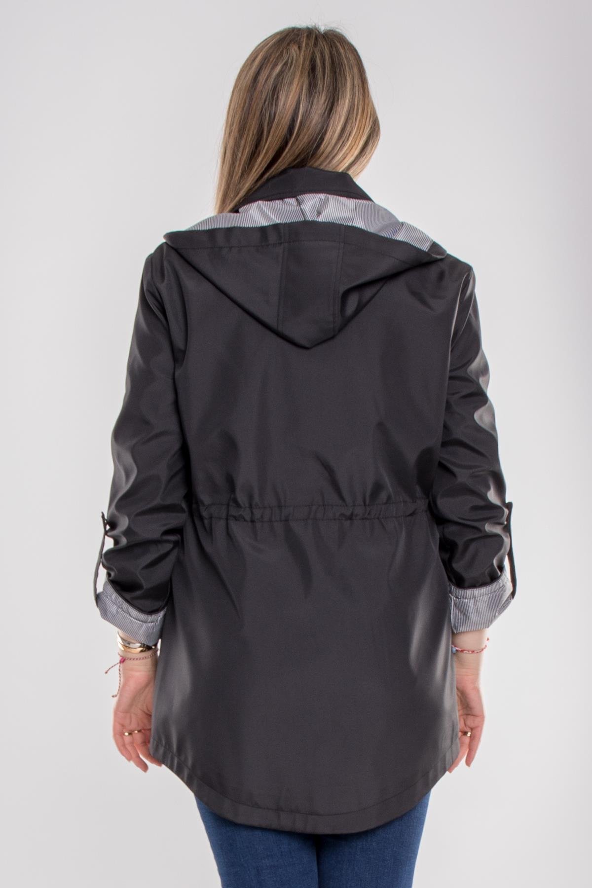 1009 Büyük Beden Kol Katlama Kapüşonlu Beli Bağcıklı Kadın Trençkot