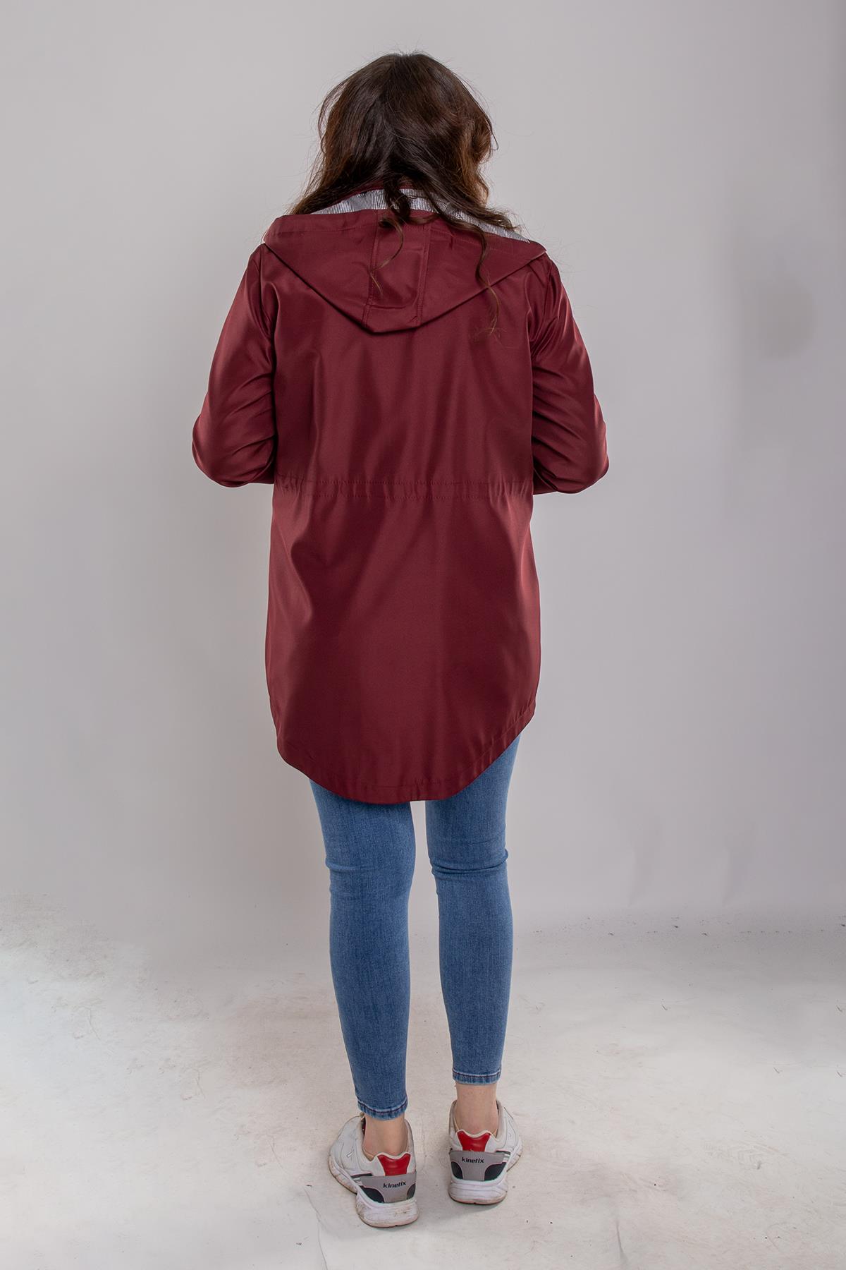 1009 Büyük Beden Kol Katlama Kapüşonlu Beli Bağcıklı Kadın Trençkot