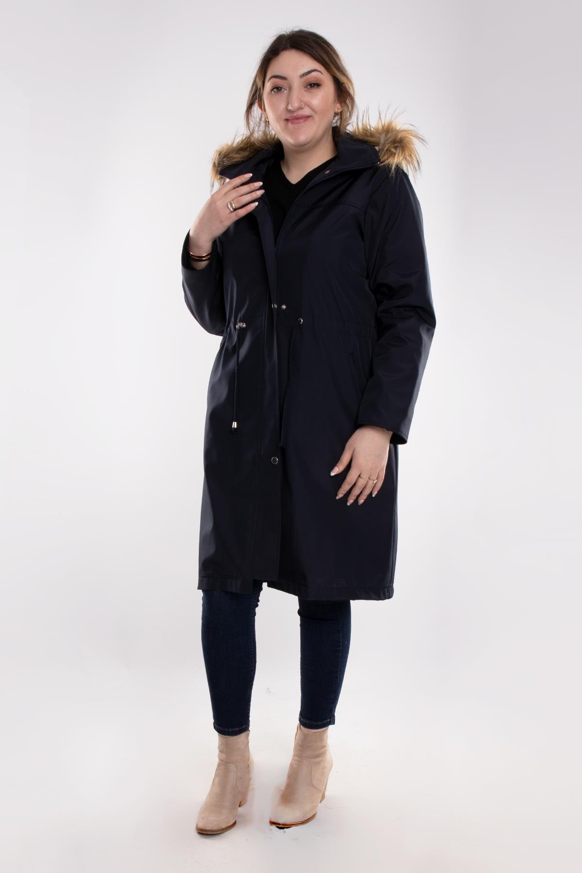 1010 Büyük Beden Kapşonlu Fermuarlı Beli Bağcıklı Uzun Kap