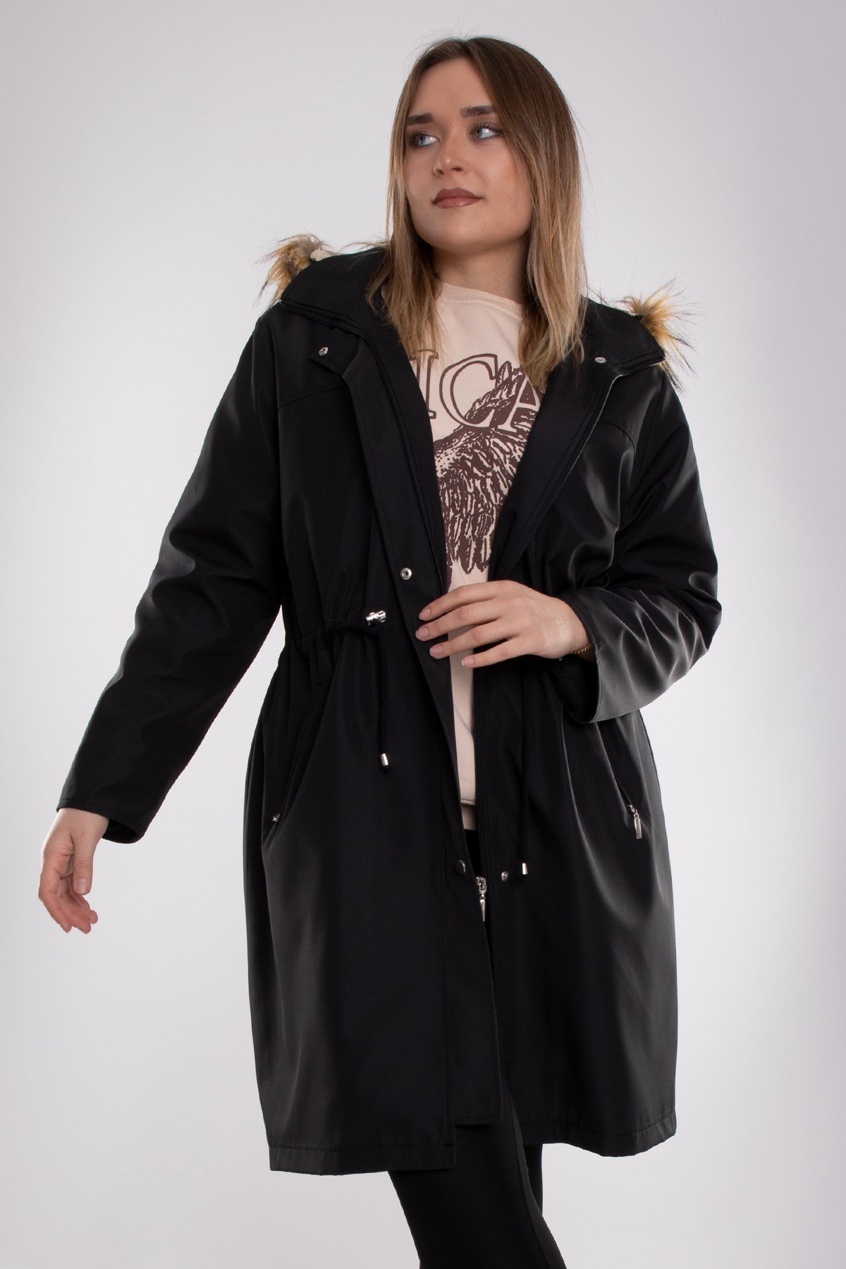 1011 Battal Beden İçi Kürklü Beli Bağcıklı Kapşonlu Uzun Kap