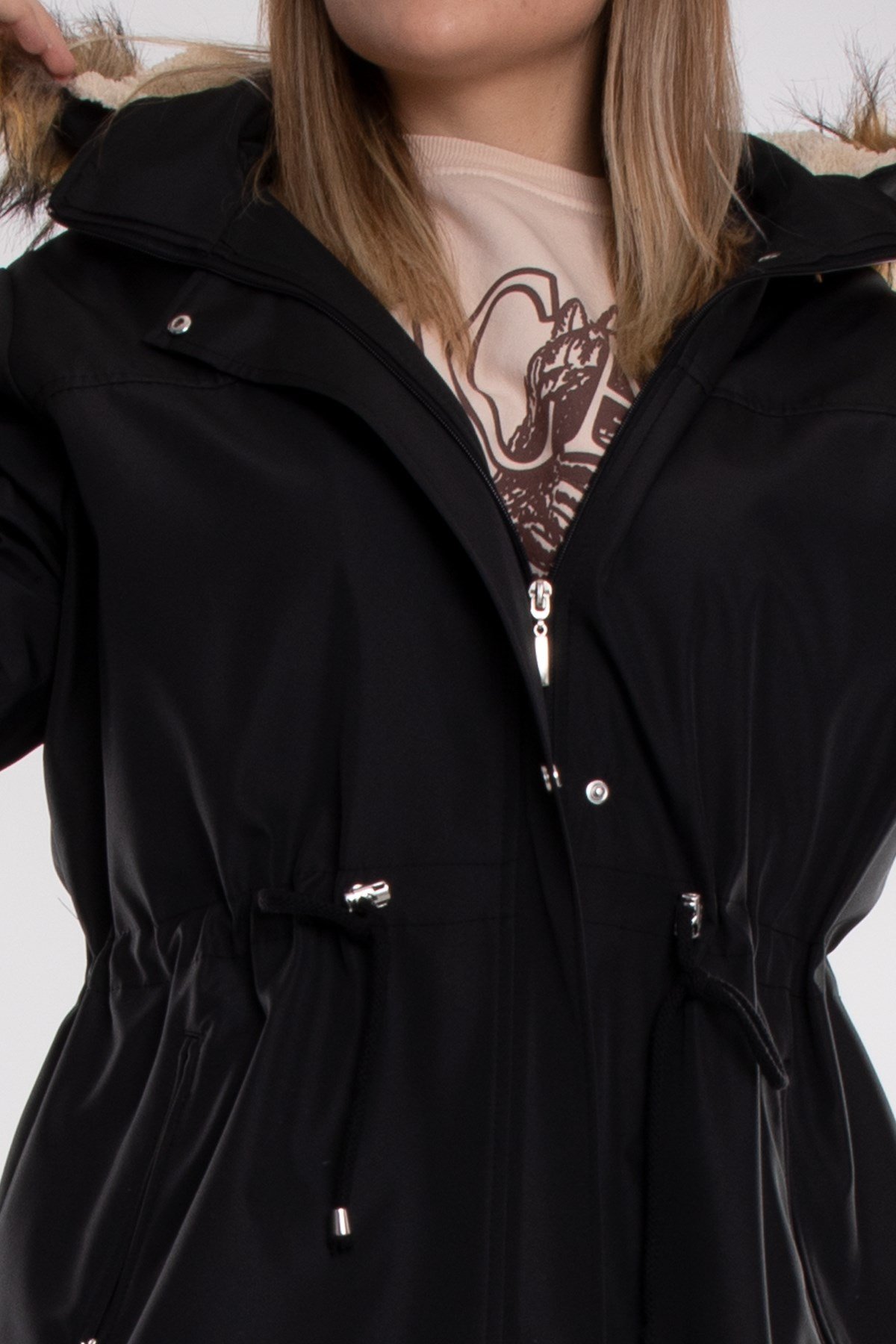 1011 Battal Beden İçi Kürklü Beli Bağcıklı Kapşonlu Uzun Kap