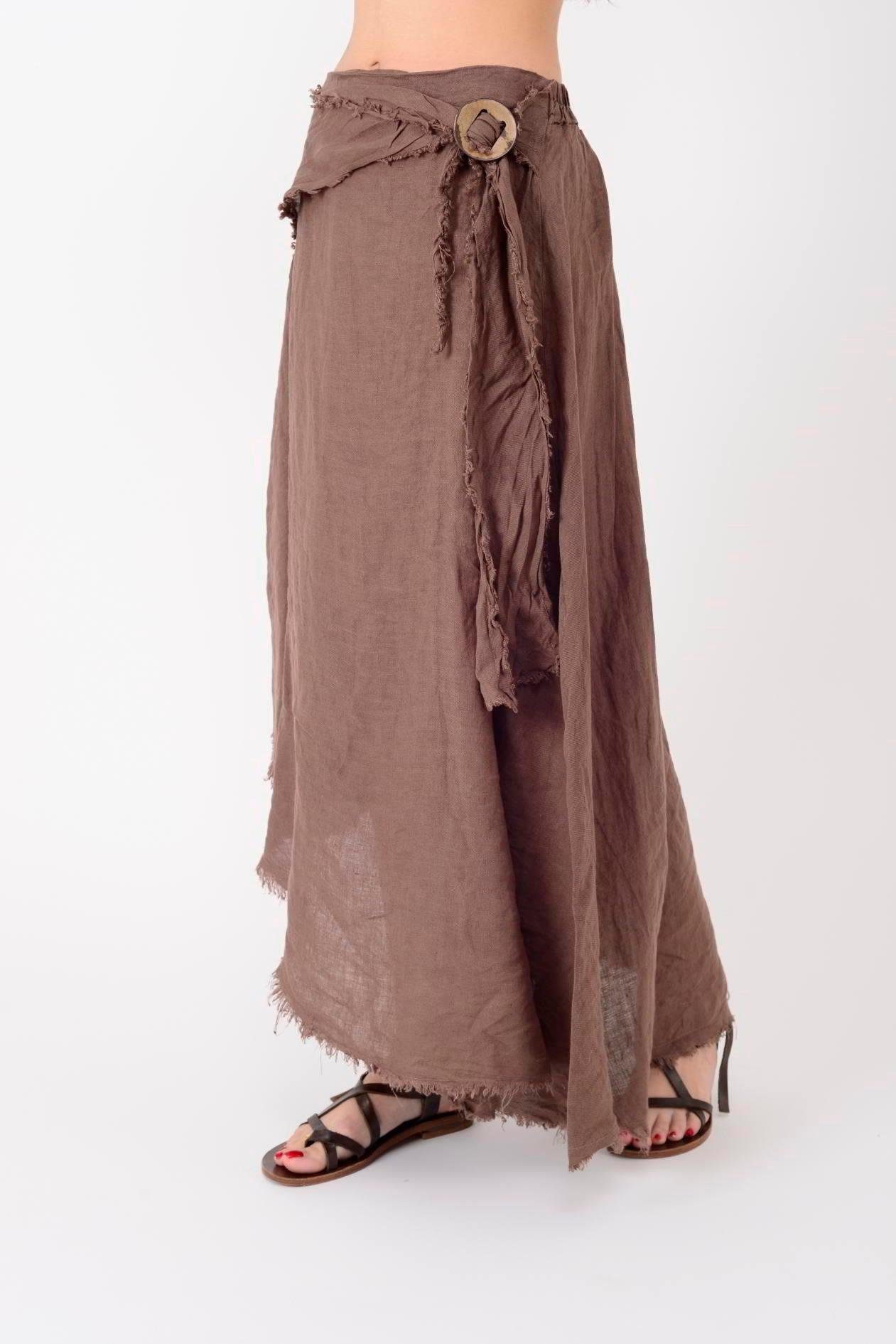 1013 Tokalı Kemerli Saçak Detay Düz Desen Keten Etek