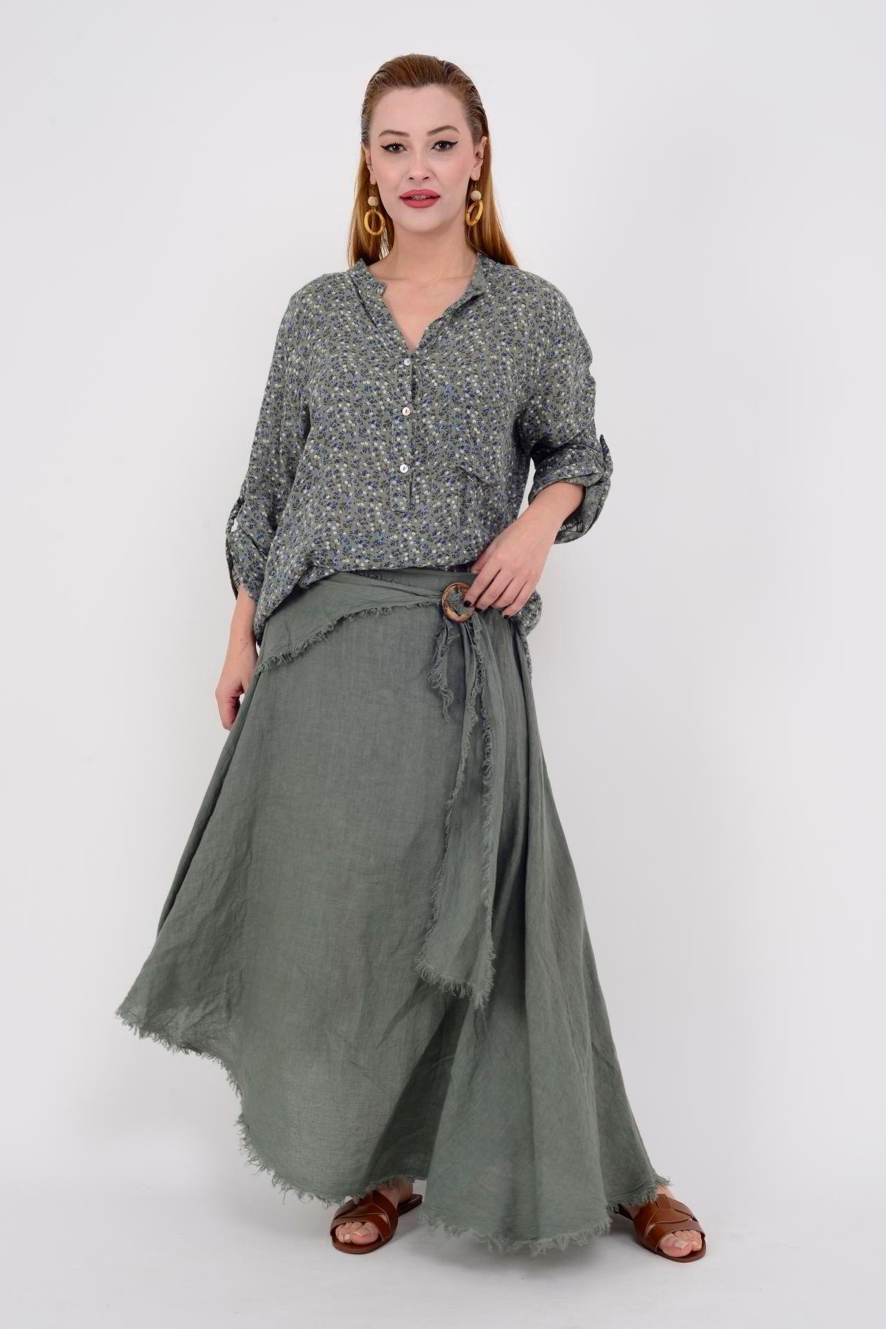 1013 Tokalı Kemerli Saçak Detay Düz Desen Keten Etek