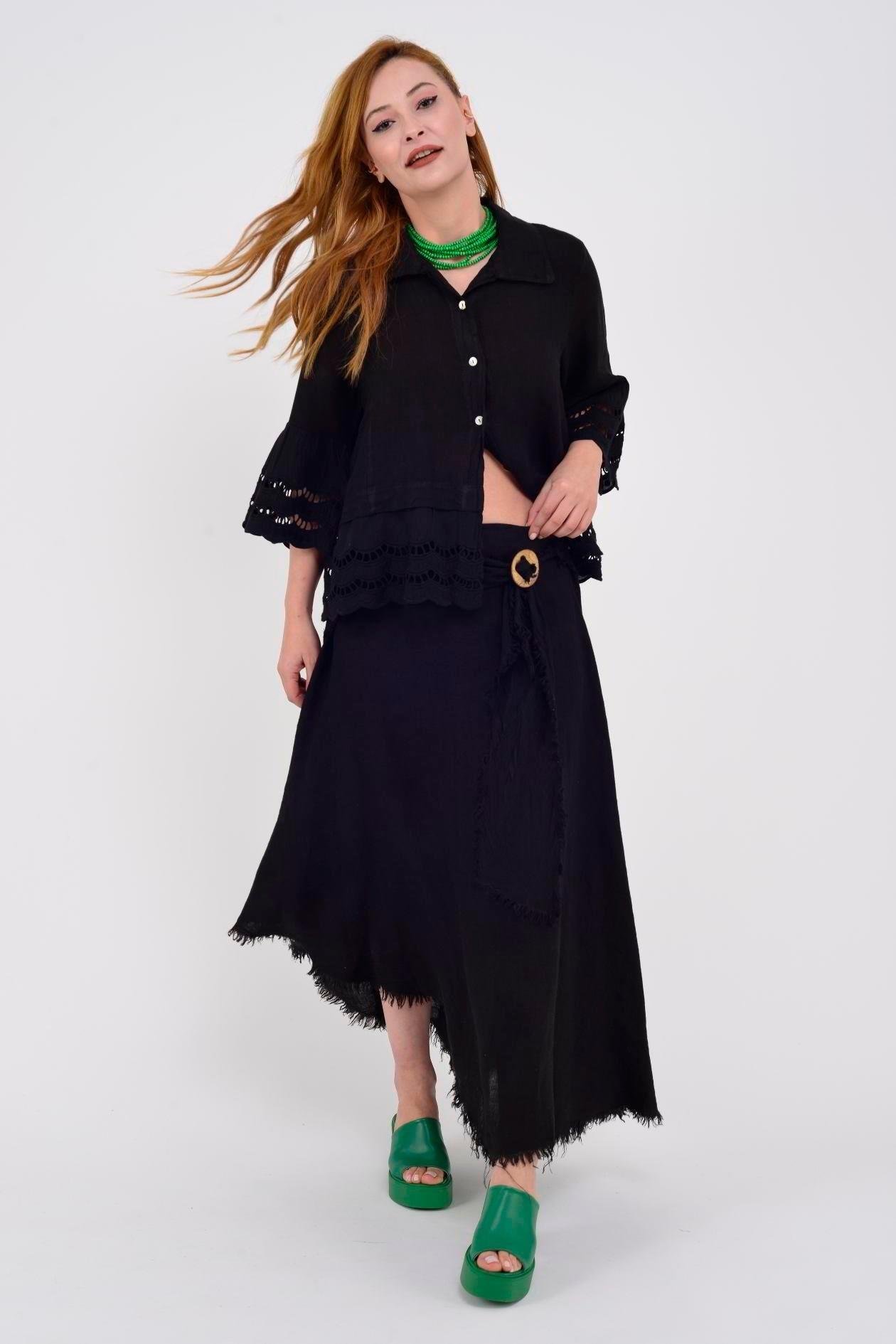 1013 Tokalı Kemerli Saçak Detay Düz Desen Keten Etek