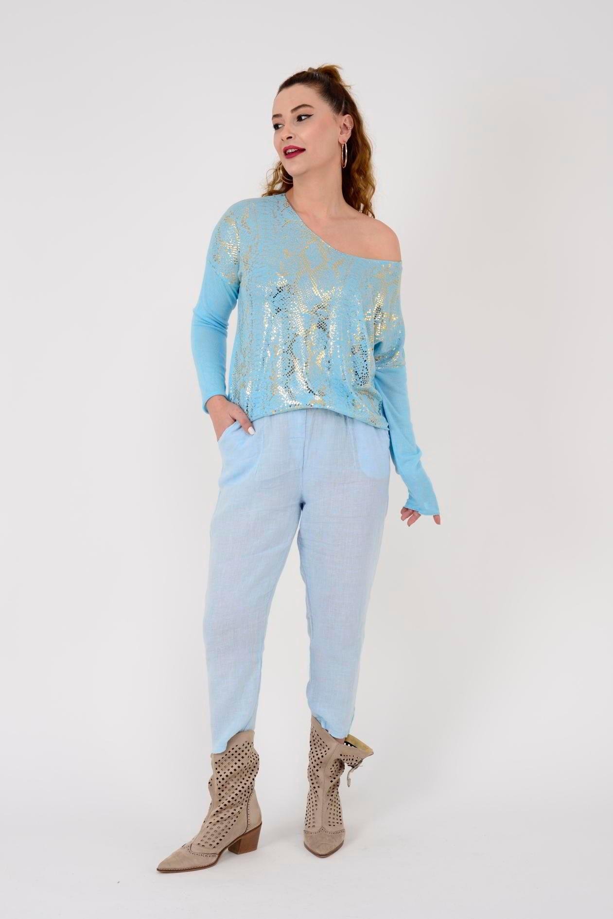 10156H Düz Desen Kemer Detaylı Keten Pantolon