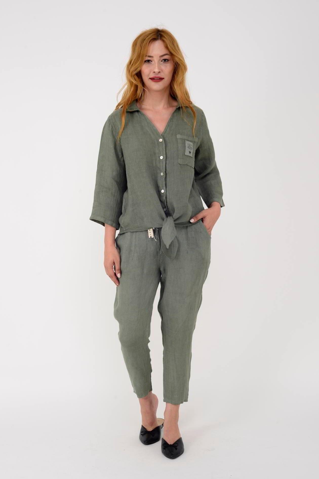 10156H Düz Desen Kemer Detaylı Keten Pantolon