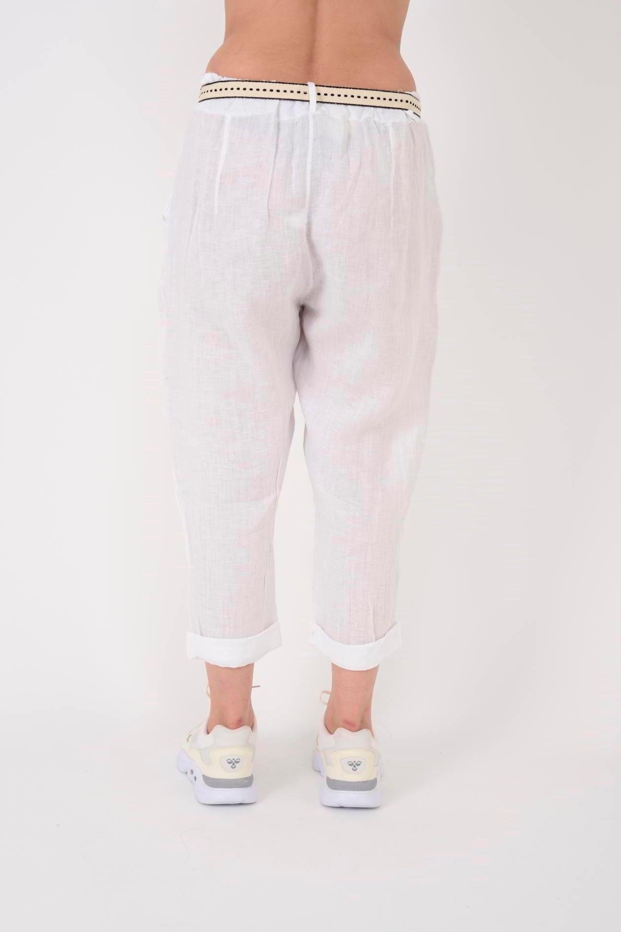 10156H Düz Desen Kemer Detaylı Keten Pantolon