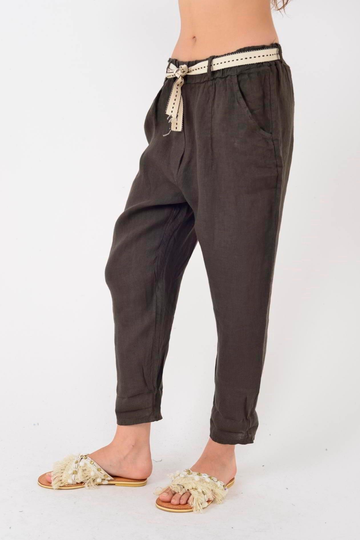 10156H Düz Desen Kemer Detaylı Keten Pantolon