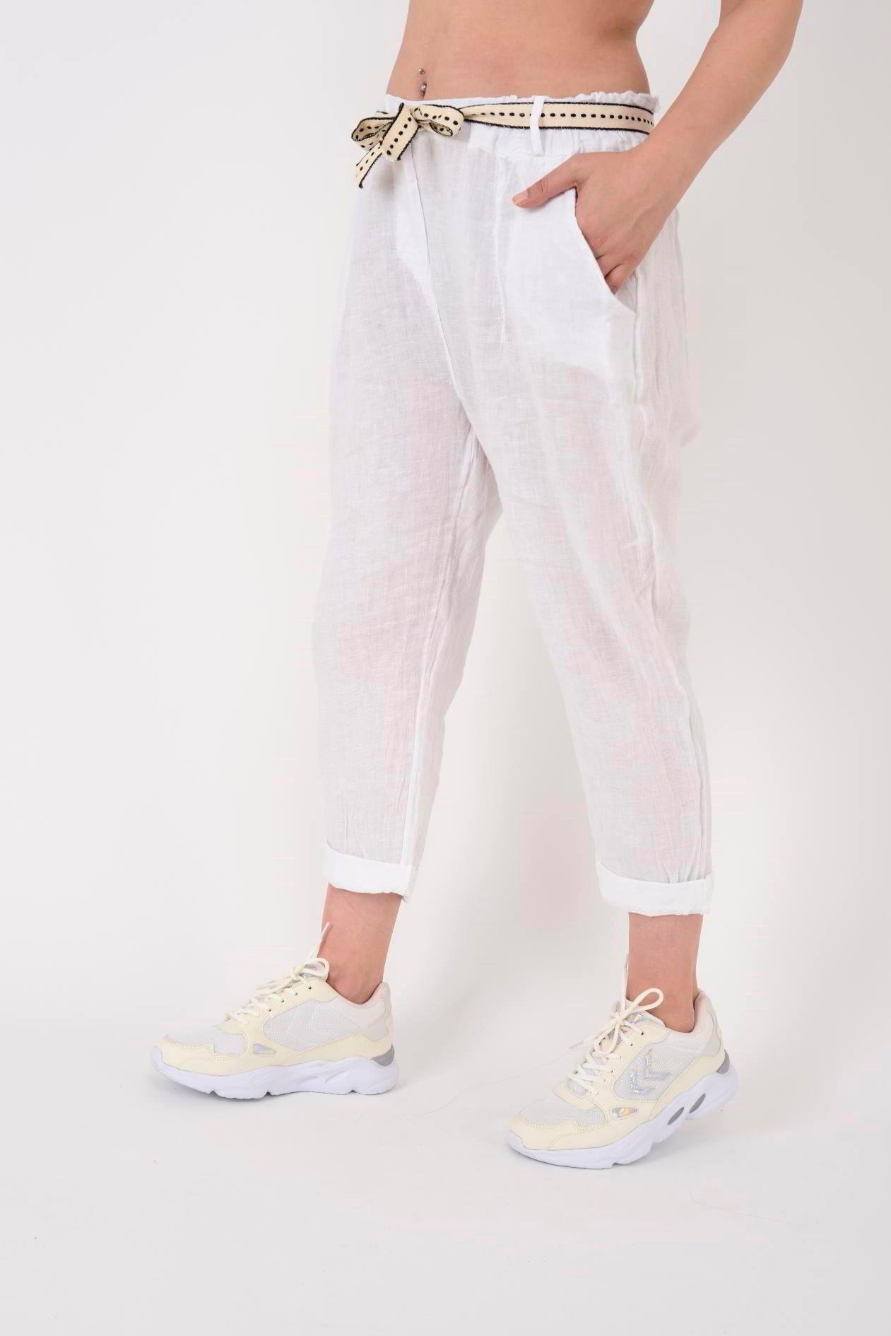 10156H Düz Desen Kemer Detaylı Keten Pantolon