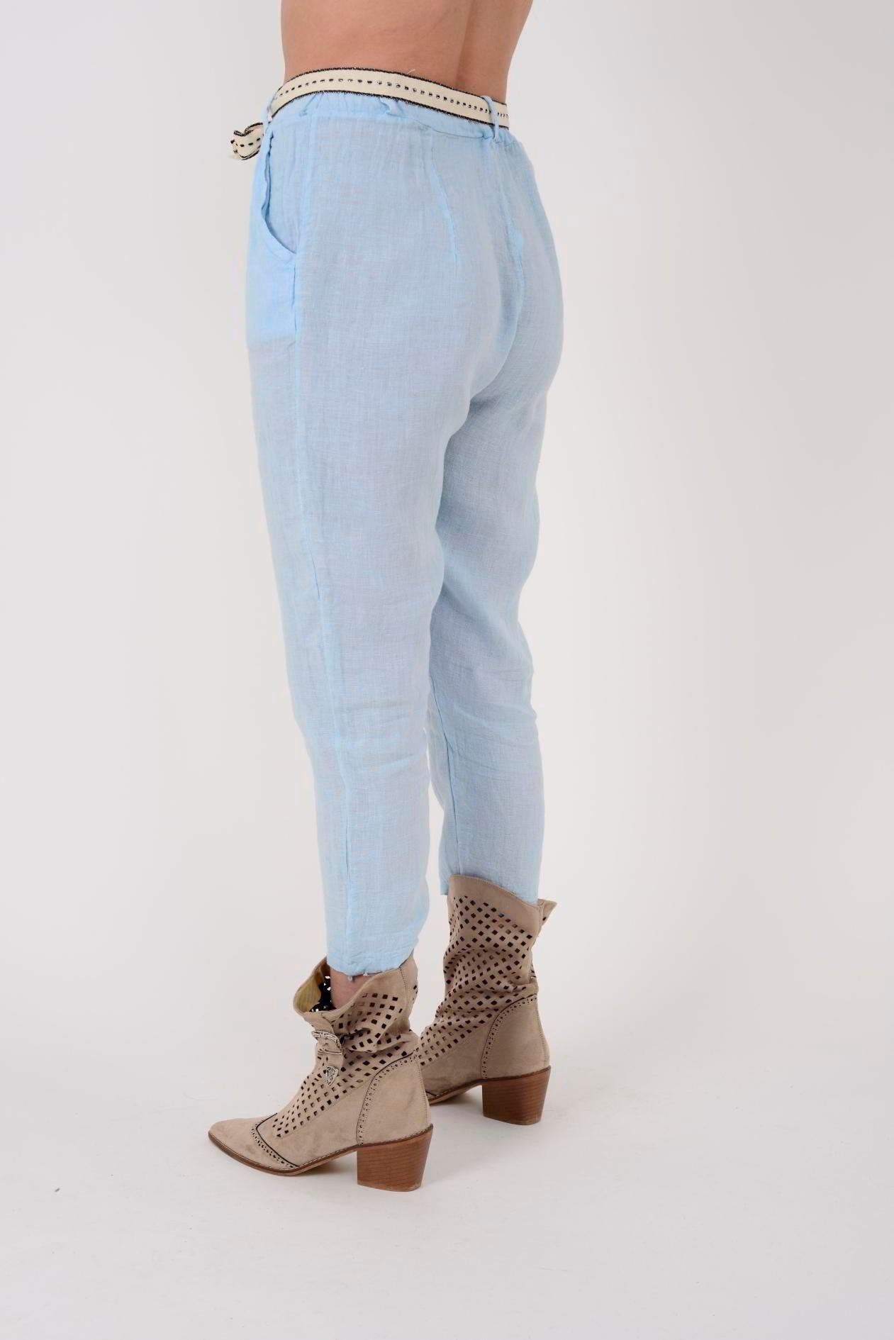 10156H Düz Desen Kemer Detaylı Keten Pantolon