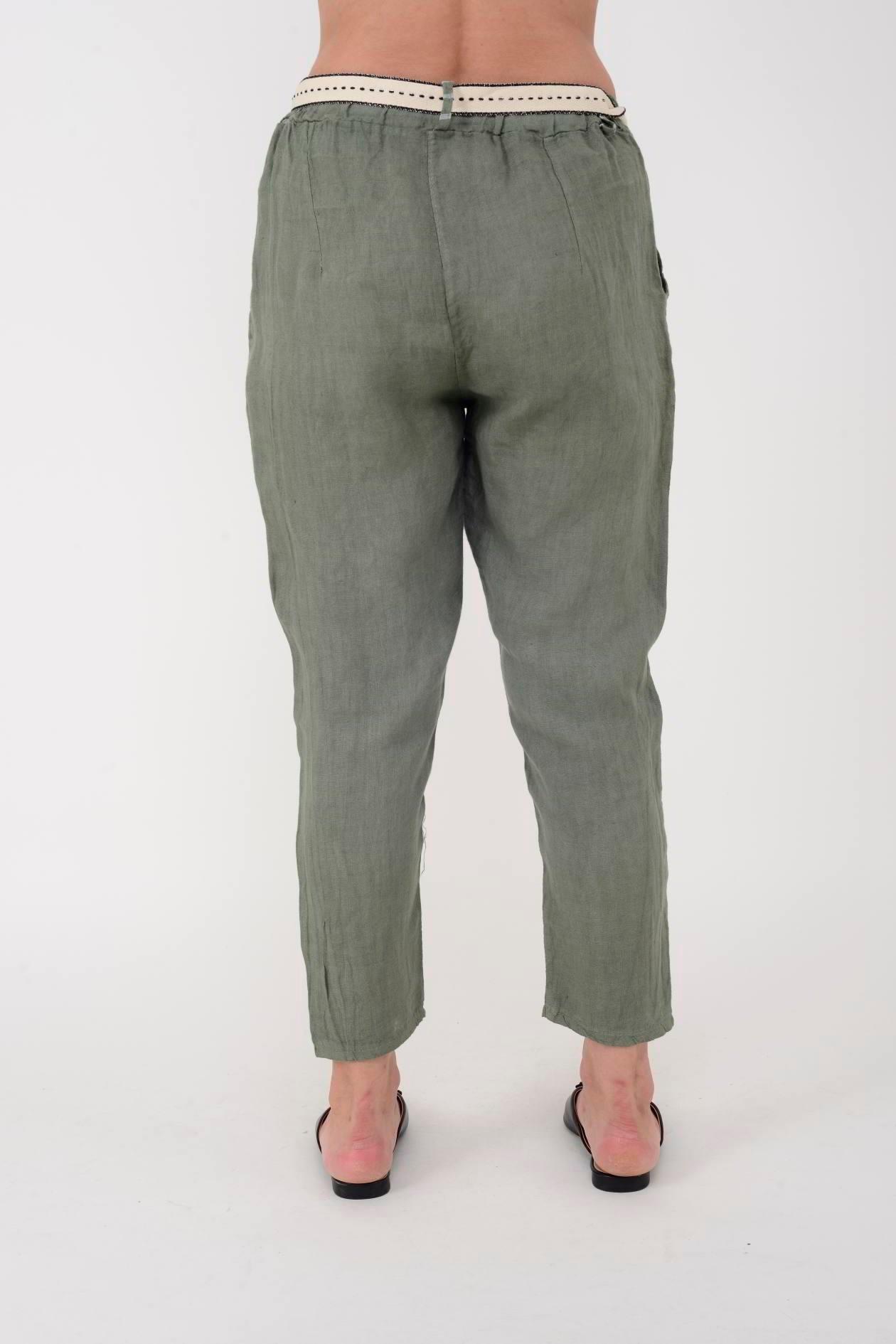 10156H Düz Desen Kemer Detaylı Keten Pantolon