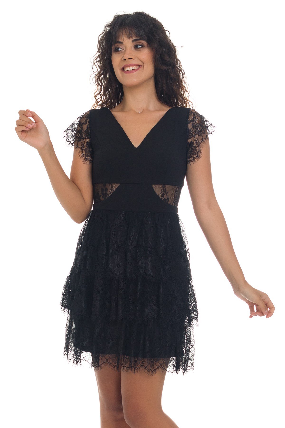 1016 AB Dantel Detay Eteği Katlı Abiye Elbise