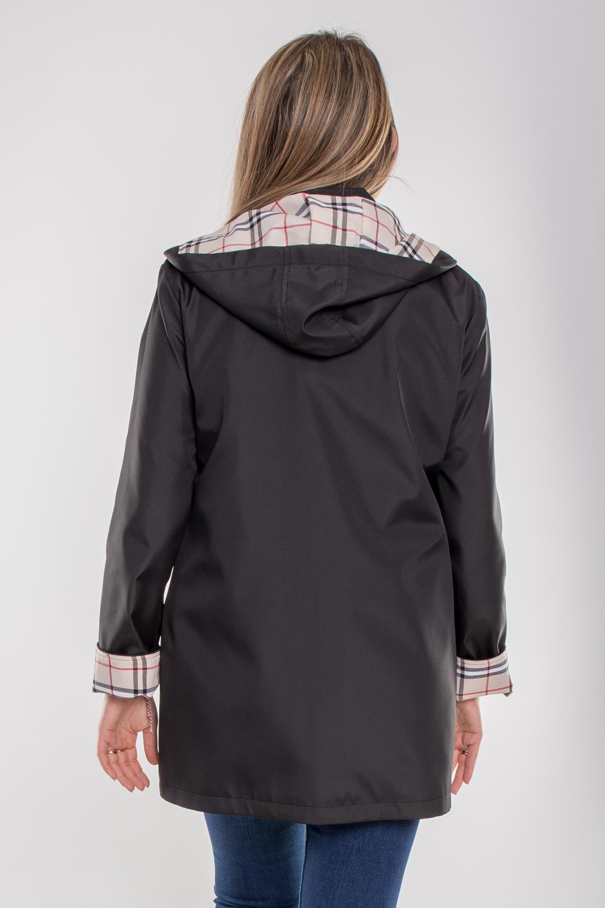 1017 Büyük Beden Cep Fermuarlı Beli Bağcıklı Kapüşonlu Kadın Trençkot