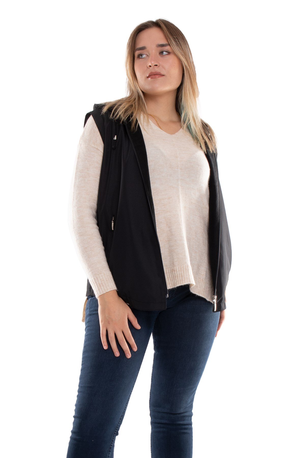 1024 Büyük Beden İçi Polar Kapşonlu Kadın Yelek