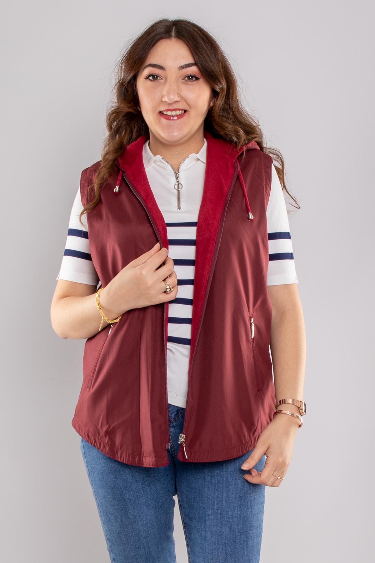 1024 Büyük Beden İçi Polar Kapşonlu Kadın Yelek