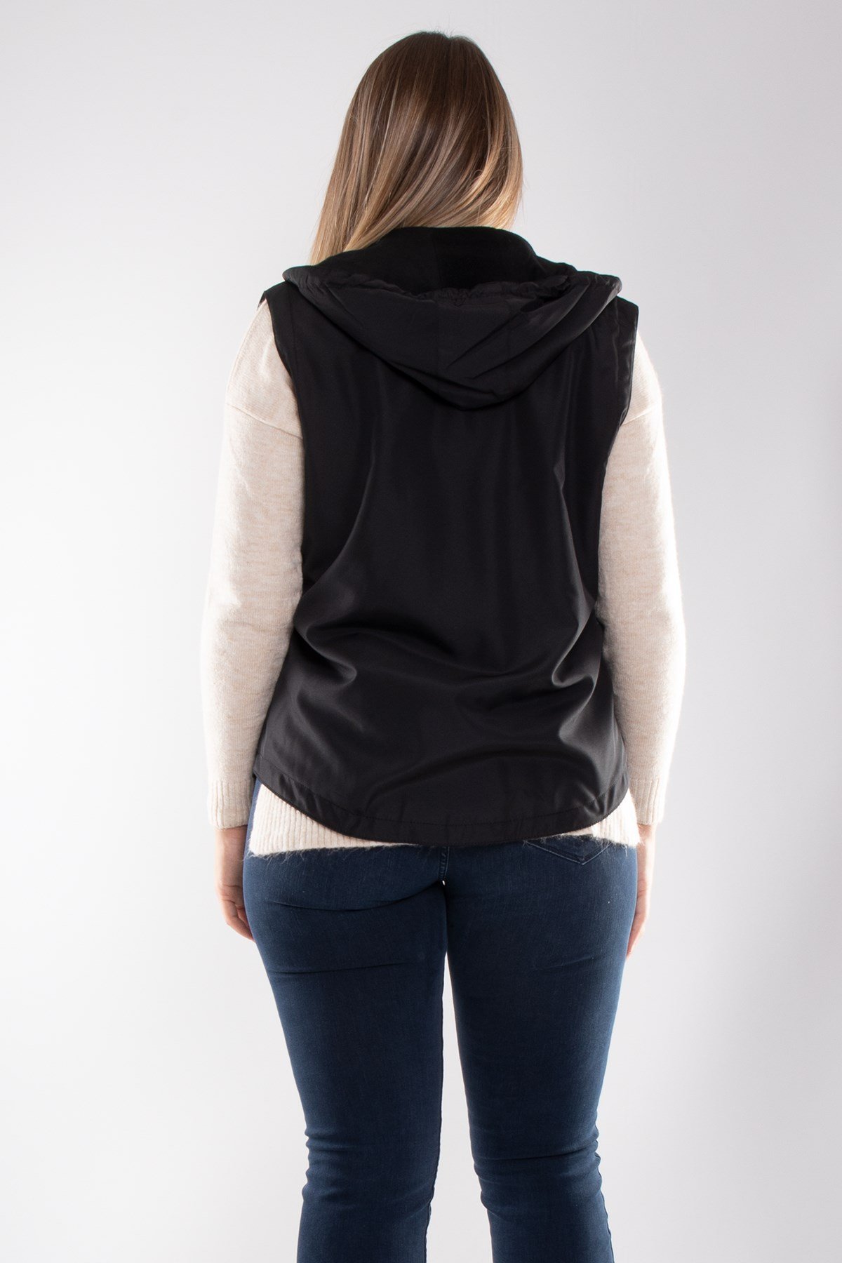 1024 Büyük Beden İçi Polar Kapşonlu Kadın Yelek