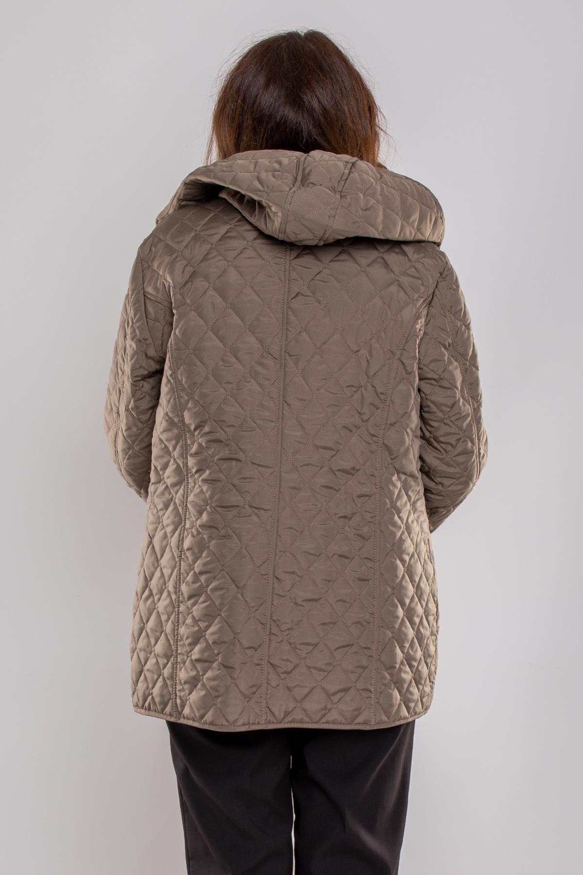 1025 Büyük Beden Baklava Desen Çıtçıtlı Kapüşonlu Kadın Mont