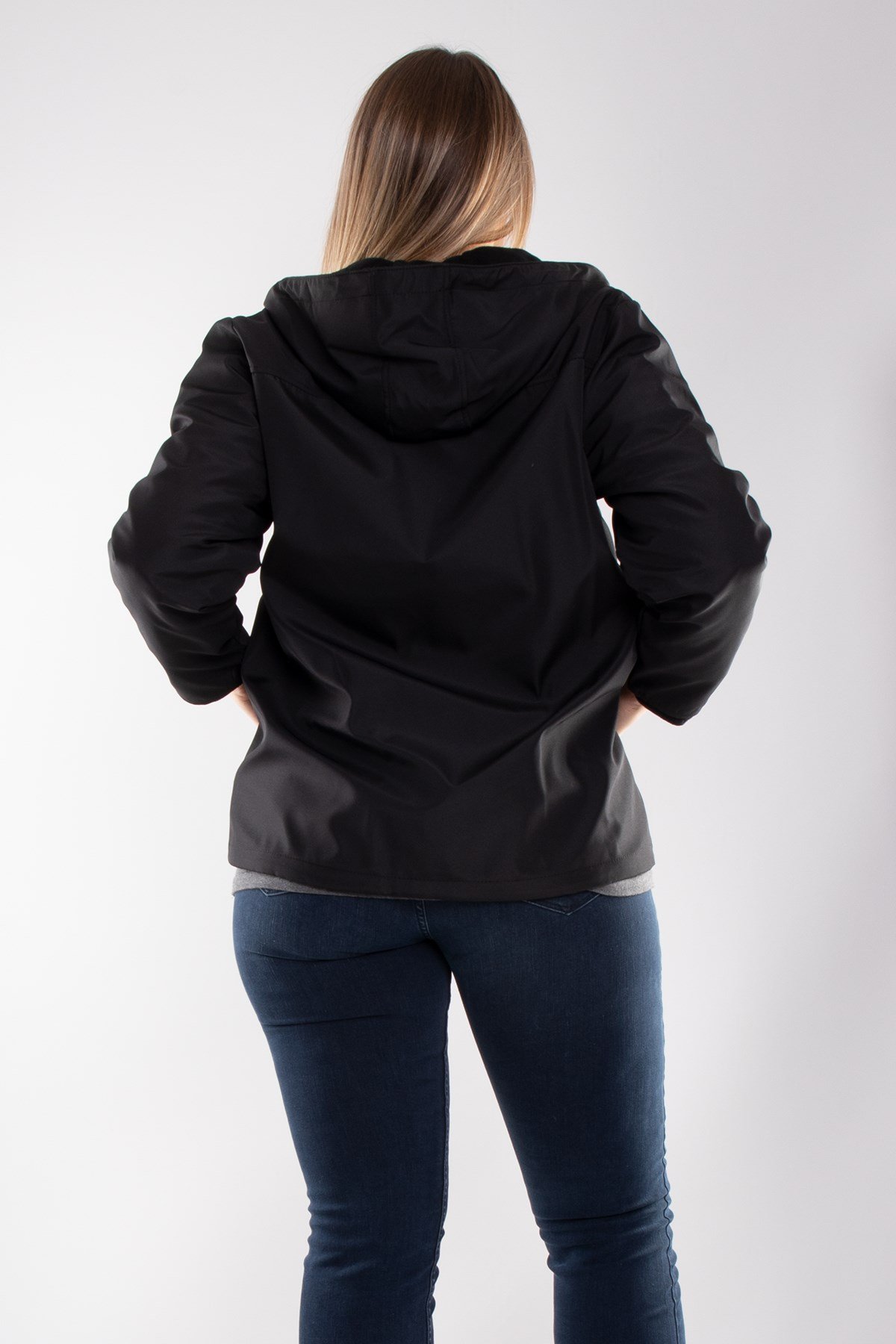 1026 Büyük Beden İçi Polar Cepli Kapşonlu Fermuarlı Yağmurluk