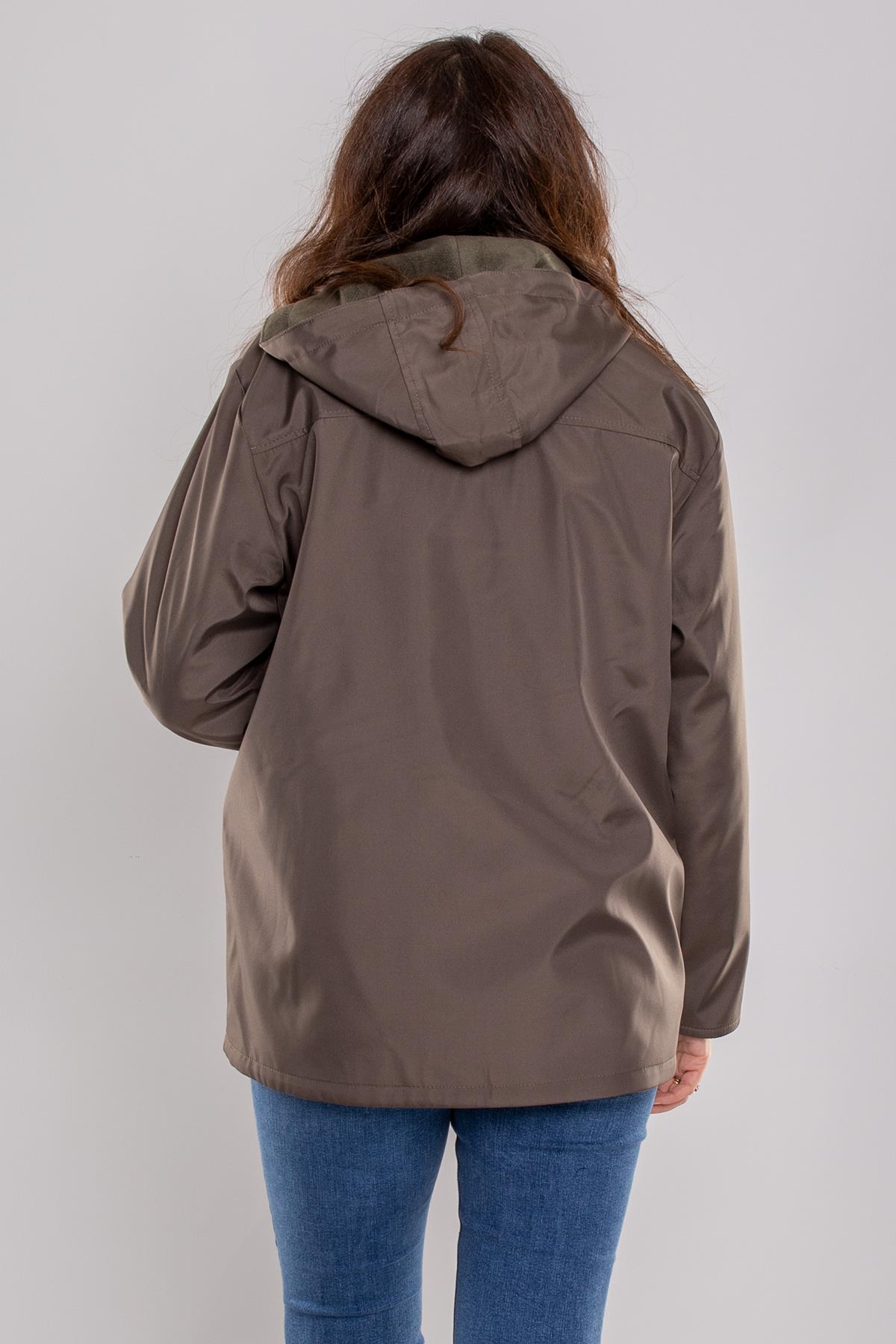 1026 Büyük Beden İçi Polar Cepli Kapşonlu Fermuarlı Yağmurluk