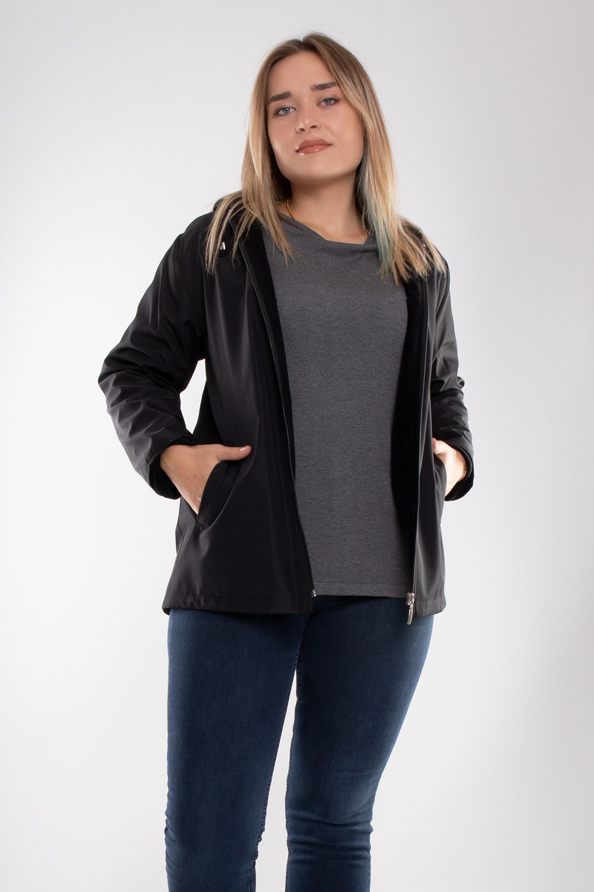 1026 Büyük Beden İçi Polar Cepli Kapşonlu Fermuarlı Yağmurluk