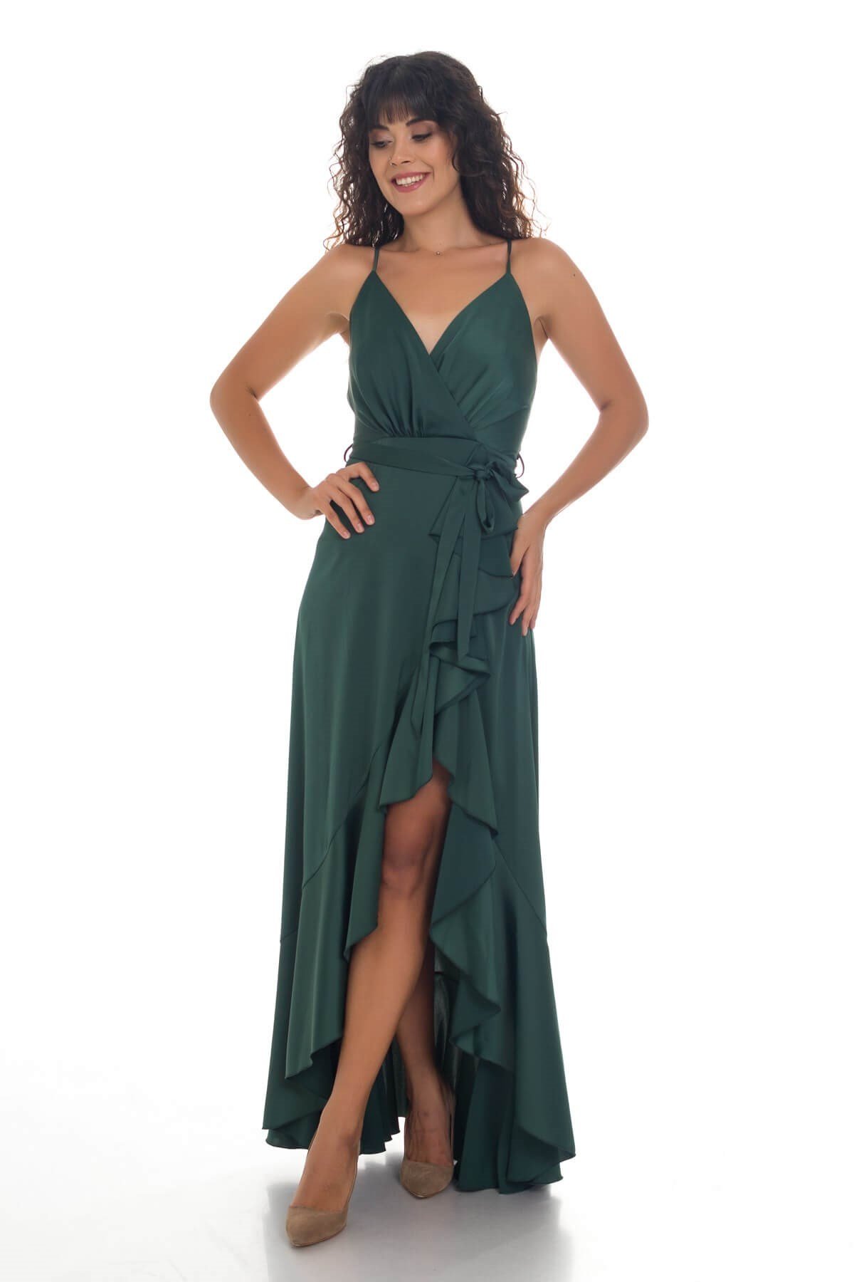 1026 KB Saten Eteği Katkat Uzun Elbise