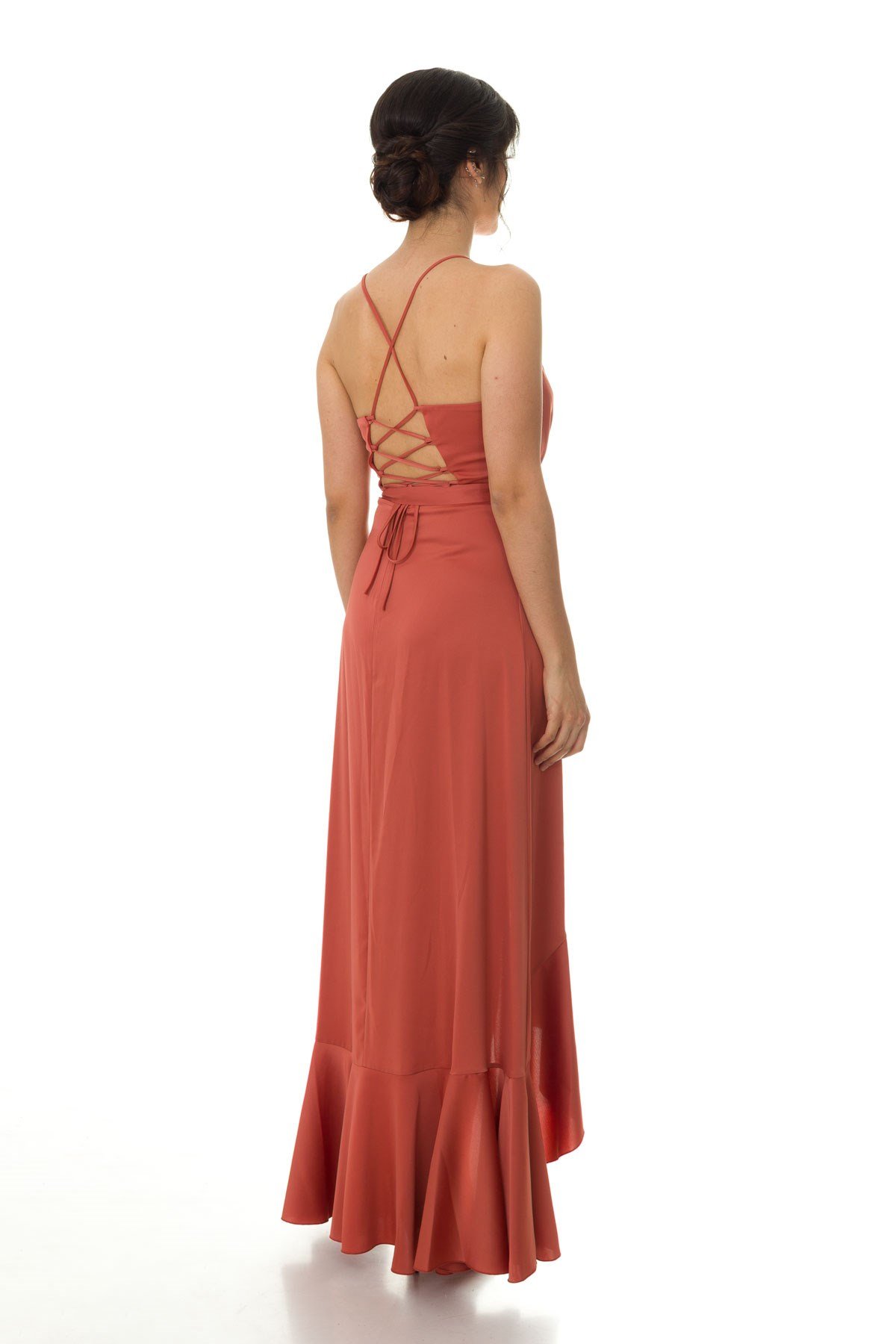 1026 KB Saten Eteği Katkat Uzun Elbise