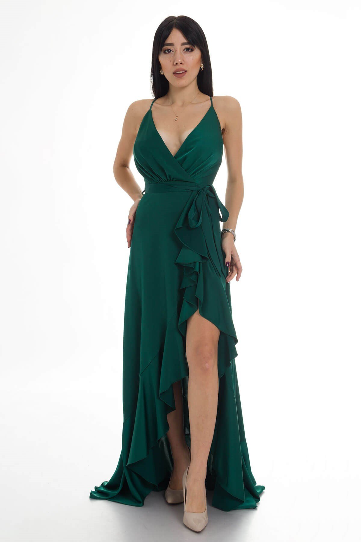 1026 KB Saten Eteği Katkat Uzun Elbise