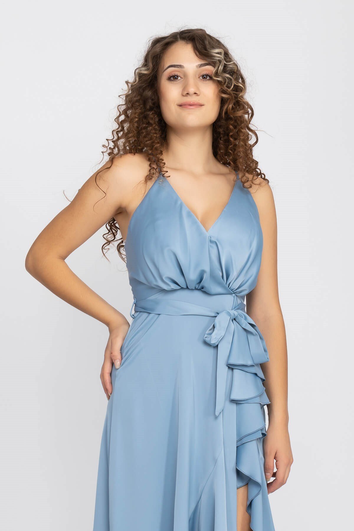 1026 KB Saten Eteği Katkat Uzun Elbise